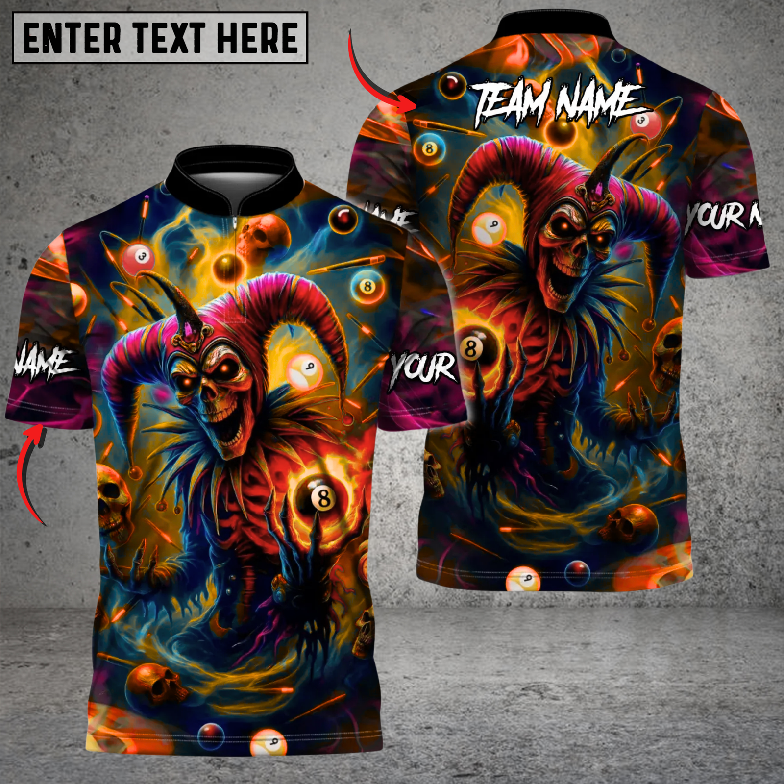 Blisscorners Evil Jester 8 Ball Billiards Multicolor Customized Name, Team Name 3D Shirt