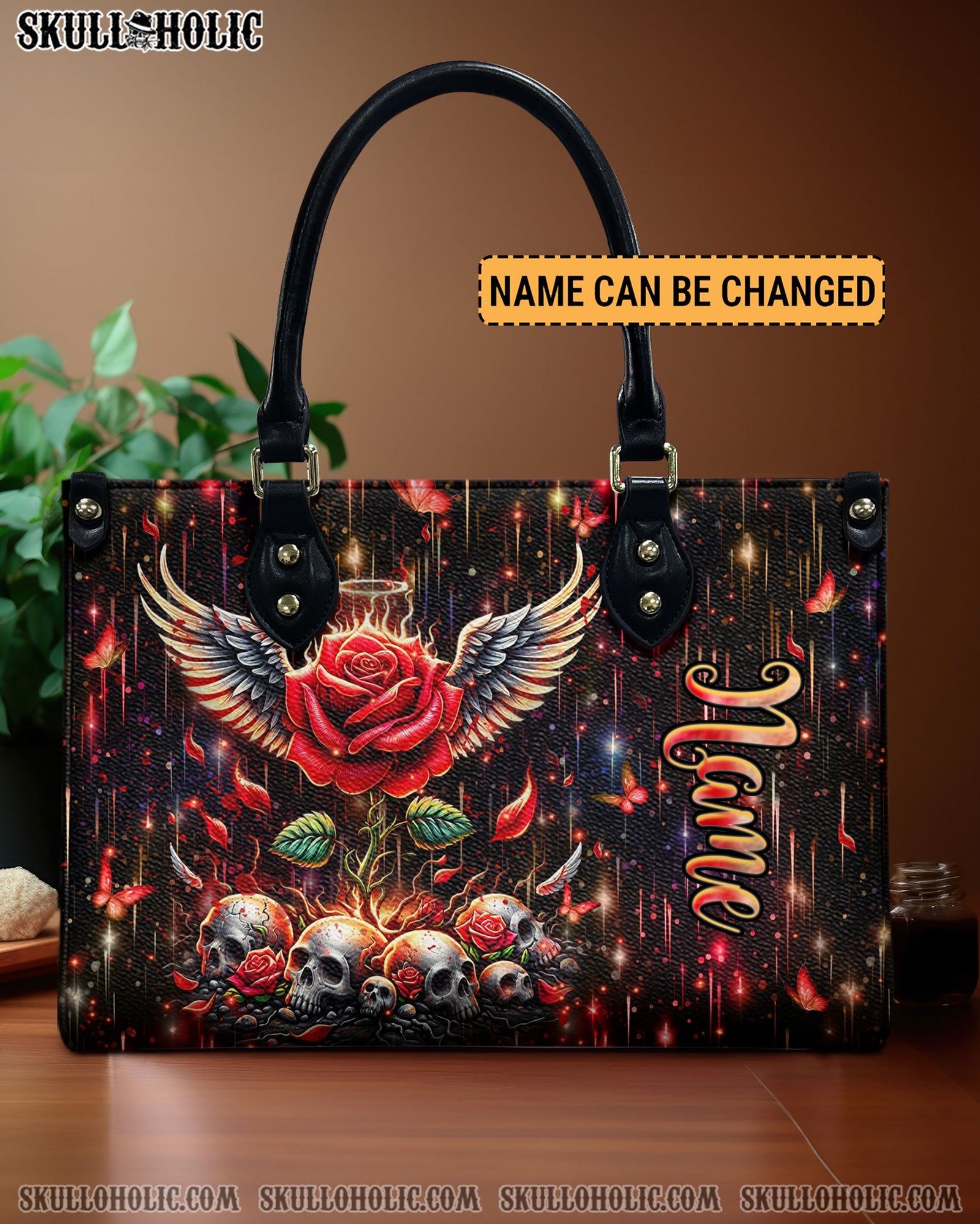 BLISSCORNERS SKULL ROSE WINGS LEATHER HANDBAG