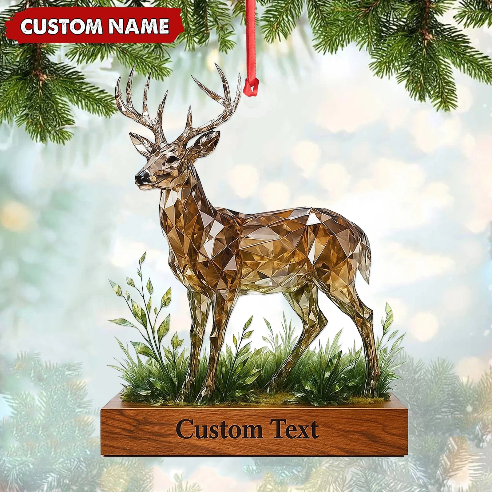 Blisscorners Personalized Geometric Deer Christmas Ornament, Custom Name Buck Hunter Gift, Crystal Style Woodland Holiday Decor MT2411