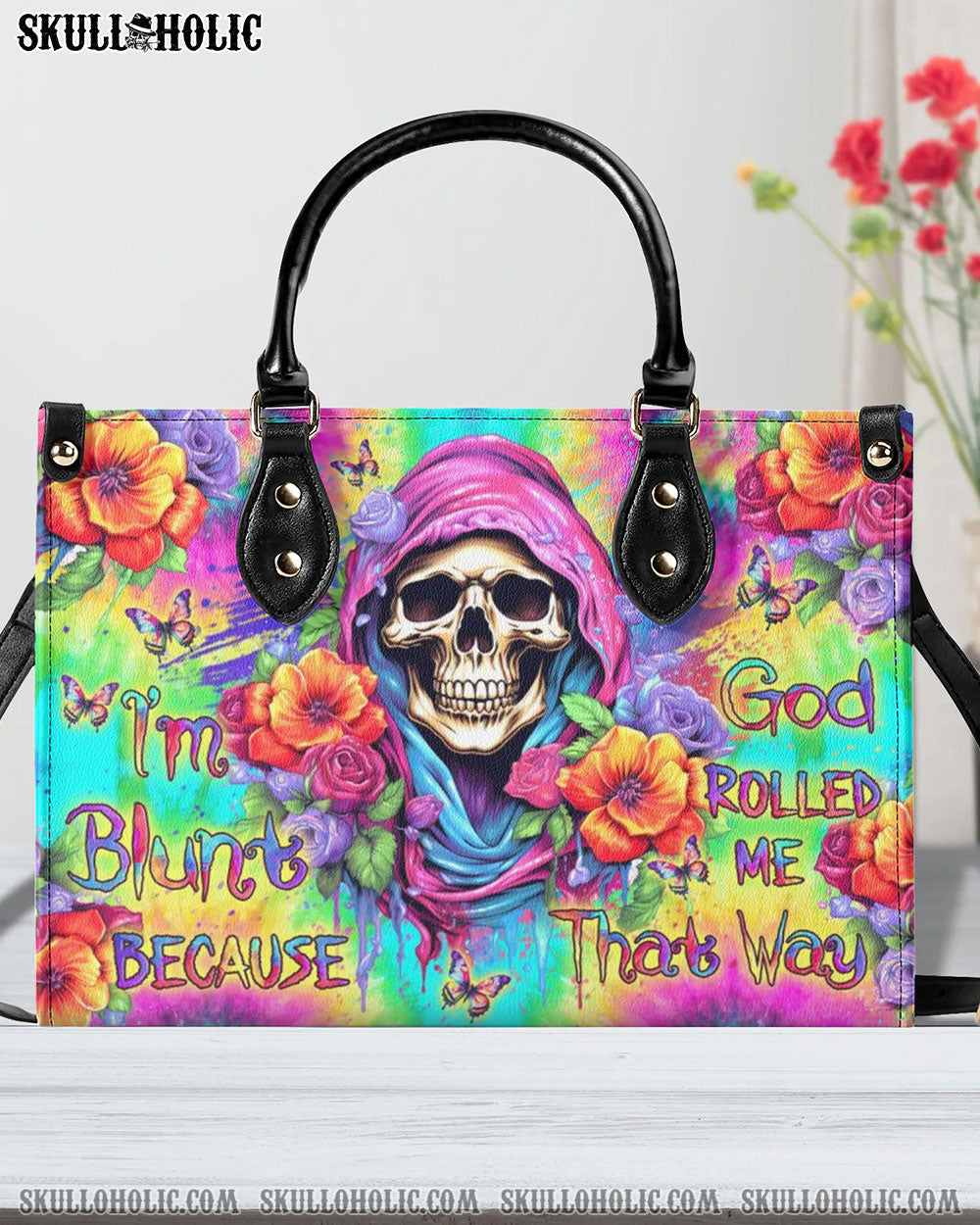 BLISSCORNERS I'M BLUNT BECAUSE GOD ROLLED ME LEATHER HANDBAG