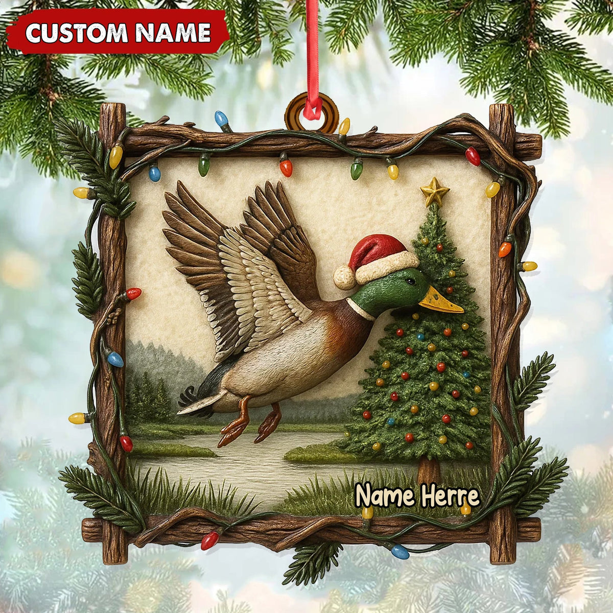Blisscorners Personalized Flying Duck Christmas Ornament, Custom Name Hunting Gift for Outdoor Lovers LM0411