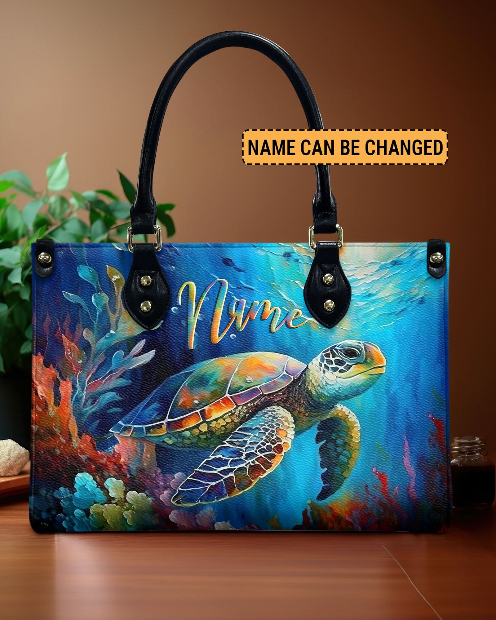 BLISSCORNERS PAINTING OCEAN TURTLE LEATHER HANDBAG
