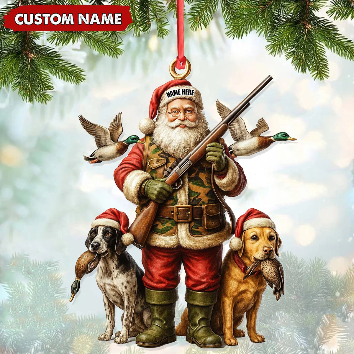 Blisscorners Personalized Santa Duck Hunter Ornament, Custom Name Christmas Gift for Hunting Lovers LM0411