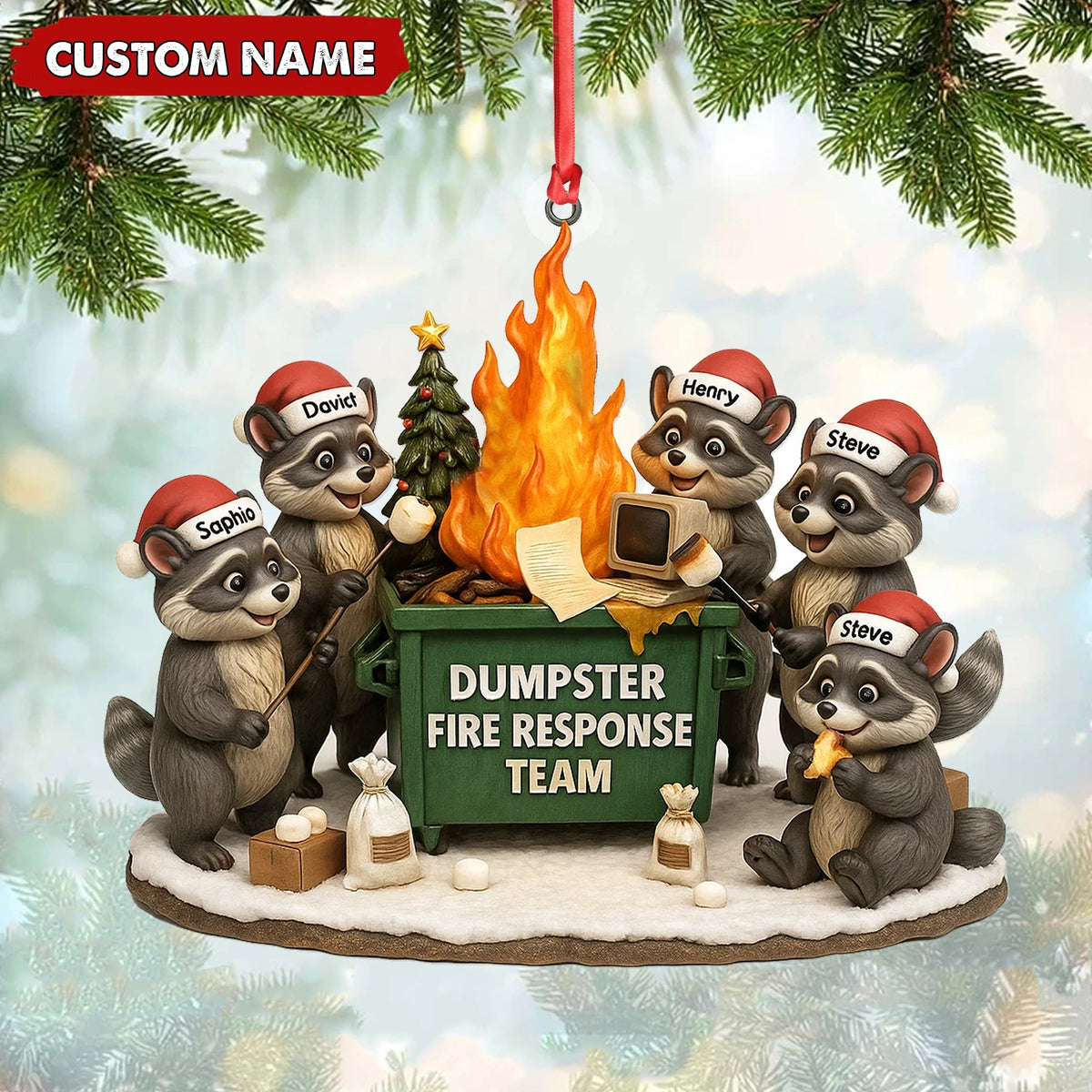 Blisscorners Personalized Dumpster Fire Response Team Christmas Ornament, Custom Name Raccoon Office Crew Gift, Funny Workplace Dumpster Fire Holiday Decor