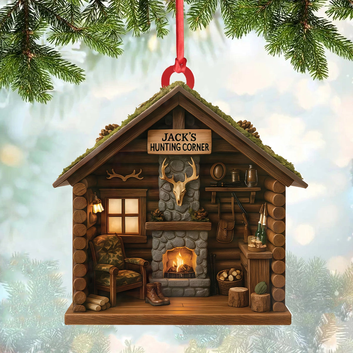 Blisscorners Personalized Hunter’s Cabin Ornament, Custom Log Cabin Christmas Decoration for Outdoor Lovers LM0411