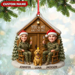Blisscorners Personalized Hunter Couple Dog Christmas Ornament, Custom Name “You and Me and the Dog” Cabin, Cute Hunting Family Pet Lover Gift
