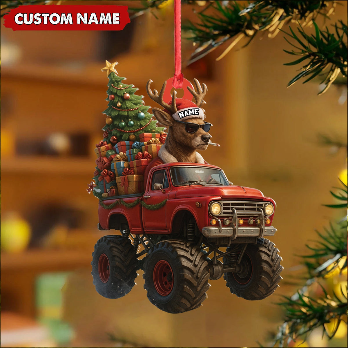 Blisscorners Personalized Funny Deer Truck Acrylic Christmas Ornament - Custom Name Gift for Hunters & Outdoor Lovers LM0411