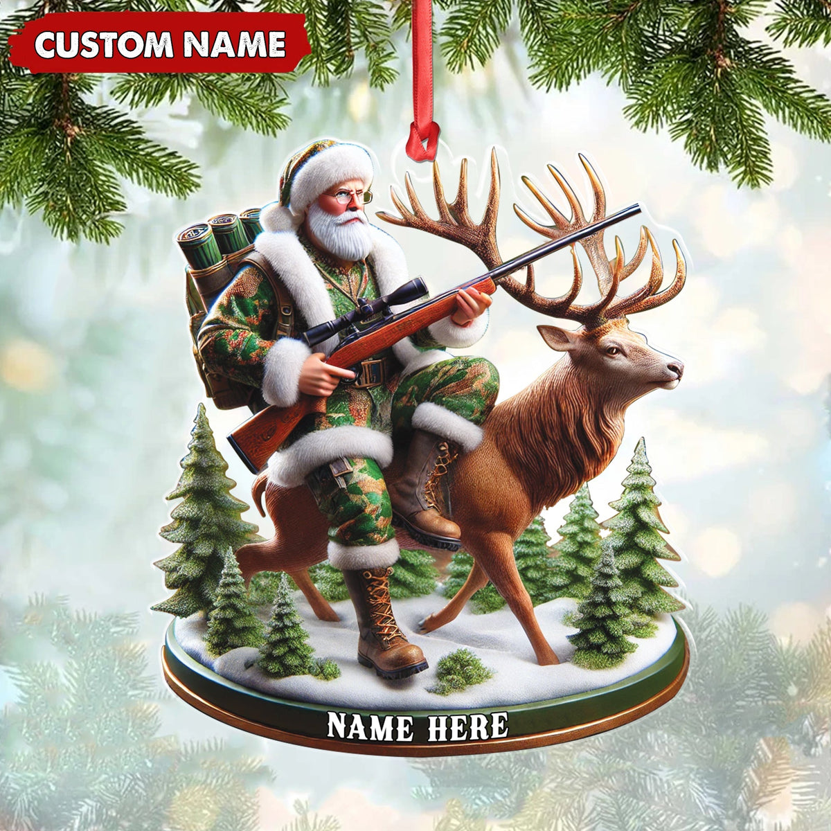 Blisscorners Personalized Acrylic Hunter Santa Riding Deer Christmas Ornament - Custom Hunting Gift Decoration LM0110