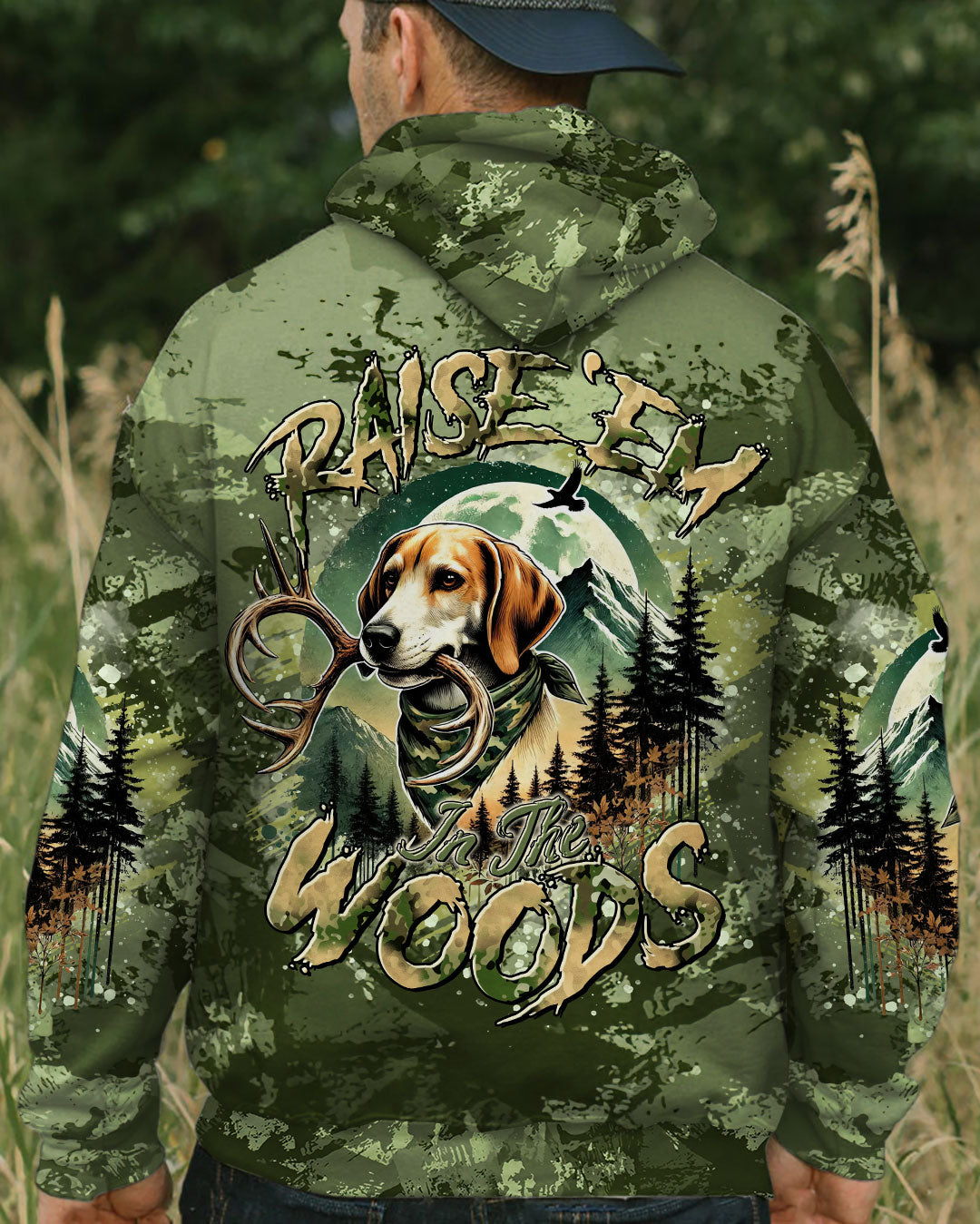 BLISSCORNERS RAISE 'EM IN THE WOODS DEER HUNTING FOXHOUND DOG ALL OVER PRINT