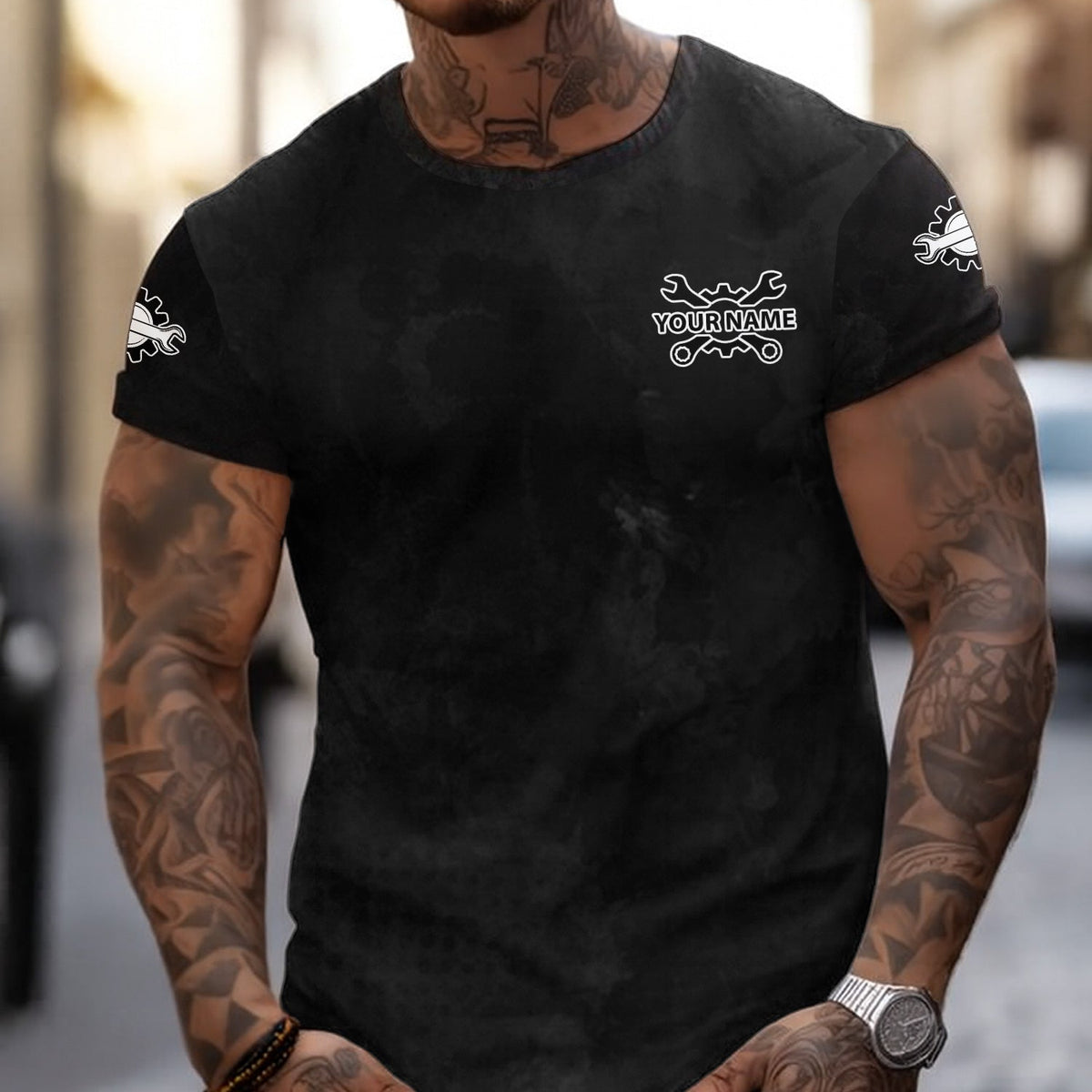 Blisscorners American Flag Mechanic Shirt, Blue Lightning & Tools Graphic, Perfect Patriotic Gift Shirt for Auto Repair Workers & Garage Fans