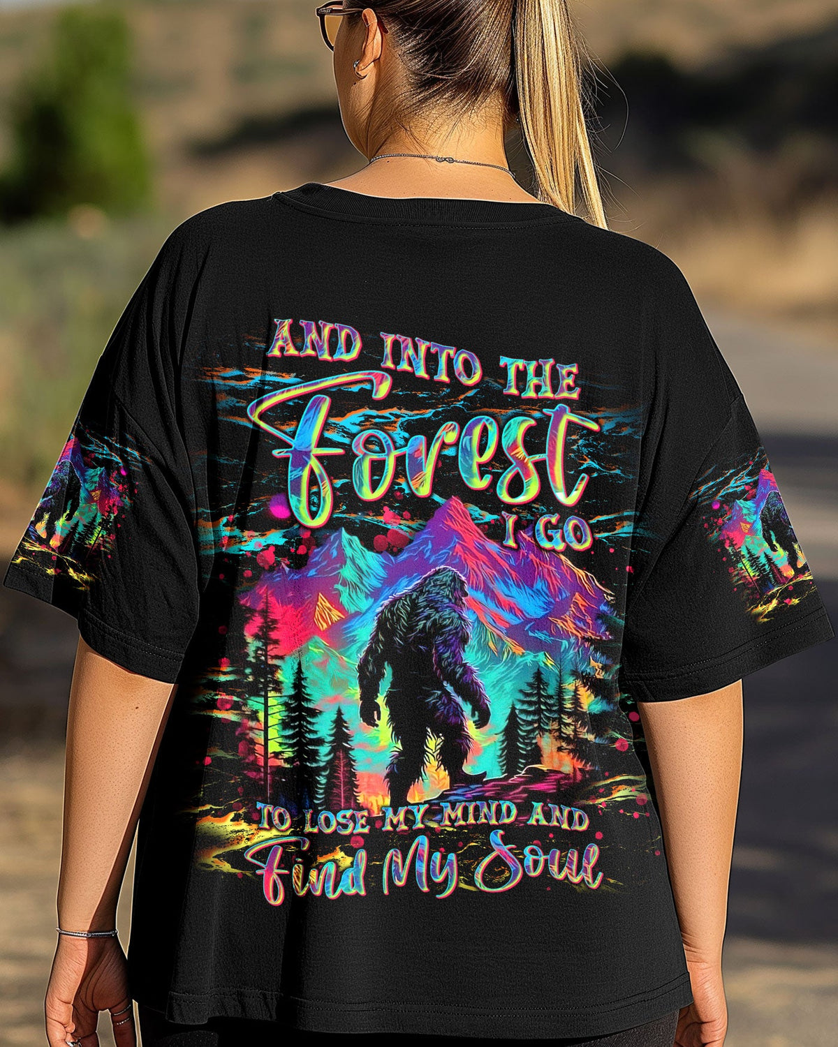 BLISSCORNERS AND INTO THE FOREST I GO BIGFOOT COLORFUL ALL OVER PRINT