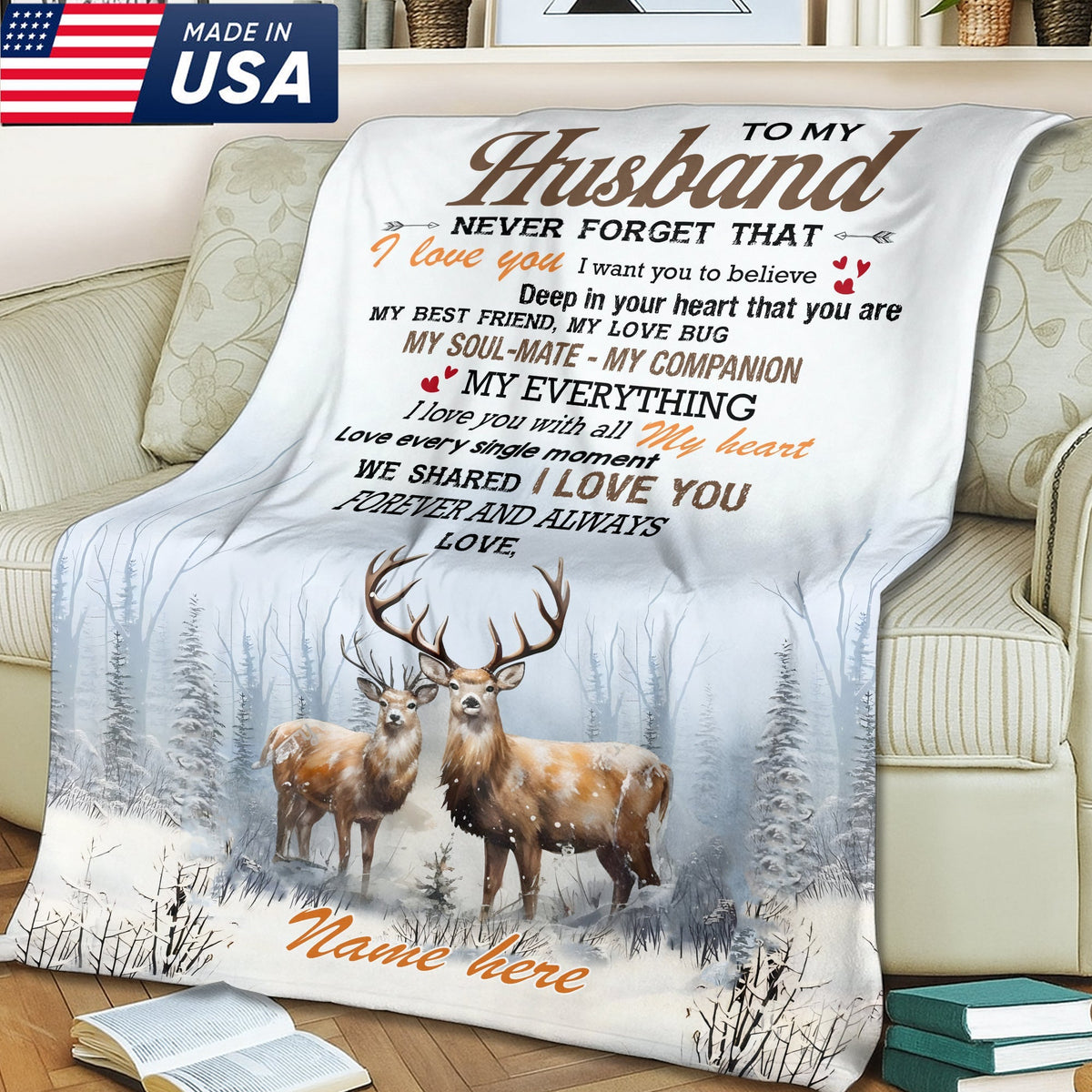 Blisscorners Personalized To My Husband Hunting Deer Fleece Blanket - Custom Name Gift for Husband, Anniversary LM1611