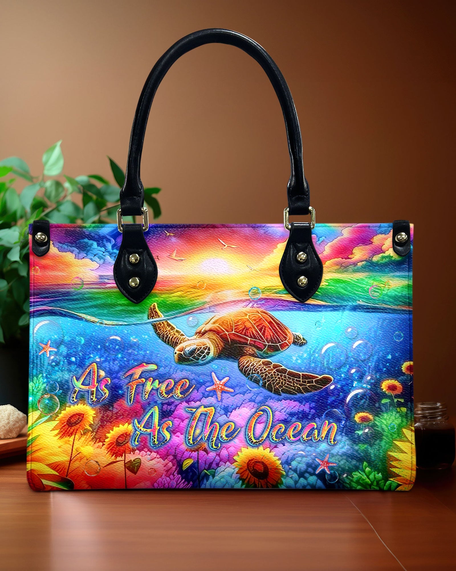 BLISSCORNERS AS FREE AS THE OCEAN TURTLE SUNFLOWERS LEATHER HANDBAG