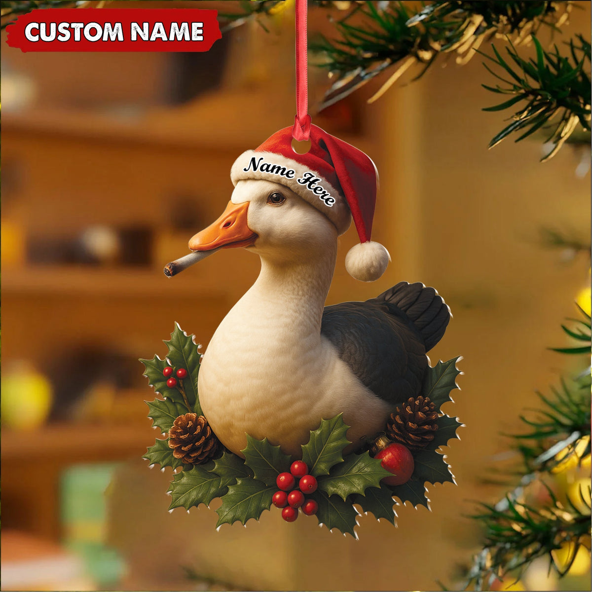 Blisscorners Personalized Funny Duck Smoking Acrylic Christmas Ornament - Custom Name Holiday Gift for Hunters & Outdoor Lovers LM0411