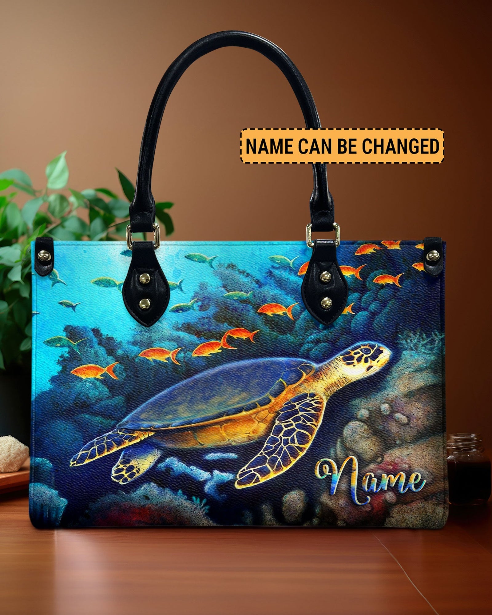 BLISSCORNERS PAINTING TURTLE OCEAN LEATHER HANDBAG