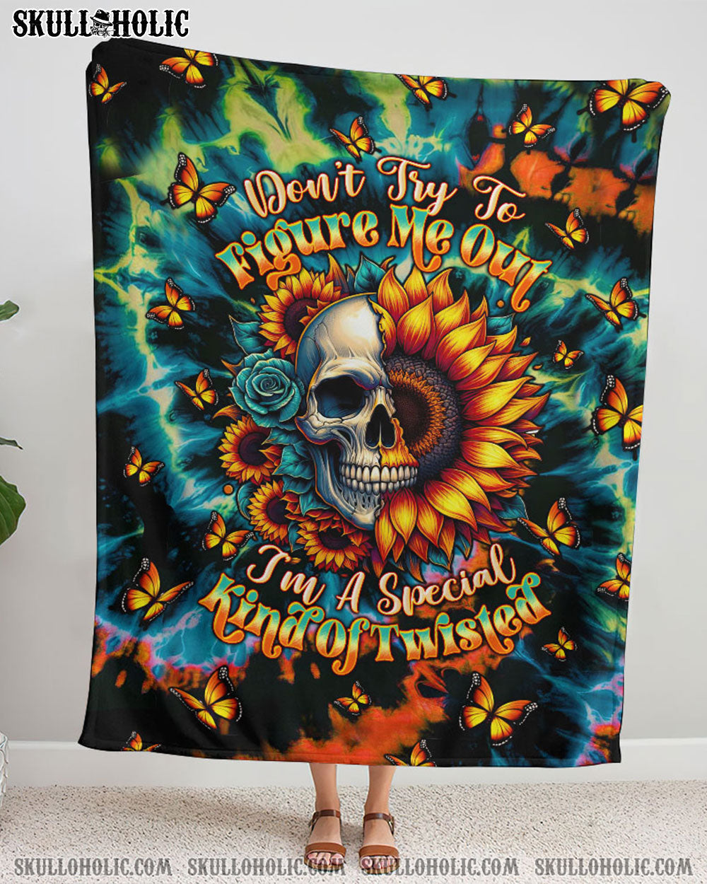 BLISSCORNERS DON'T TRY TO FIGURE ME OUT SKULL SUNFLOWER WOVEN AND FLEECE BLANKET