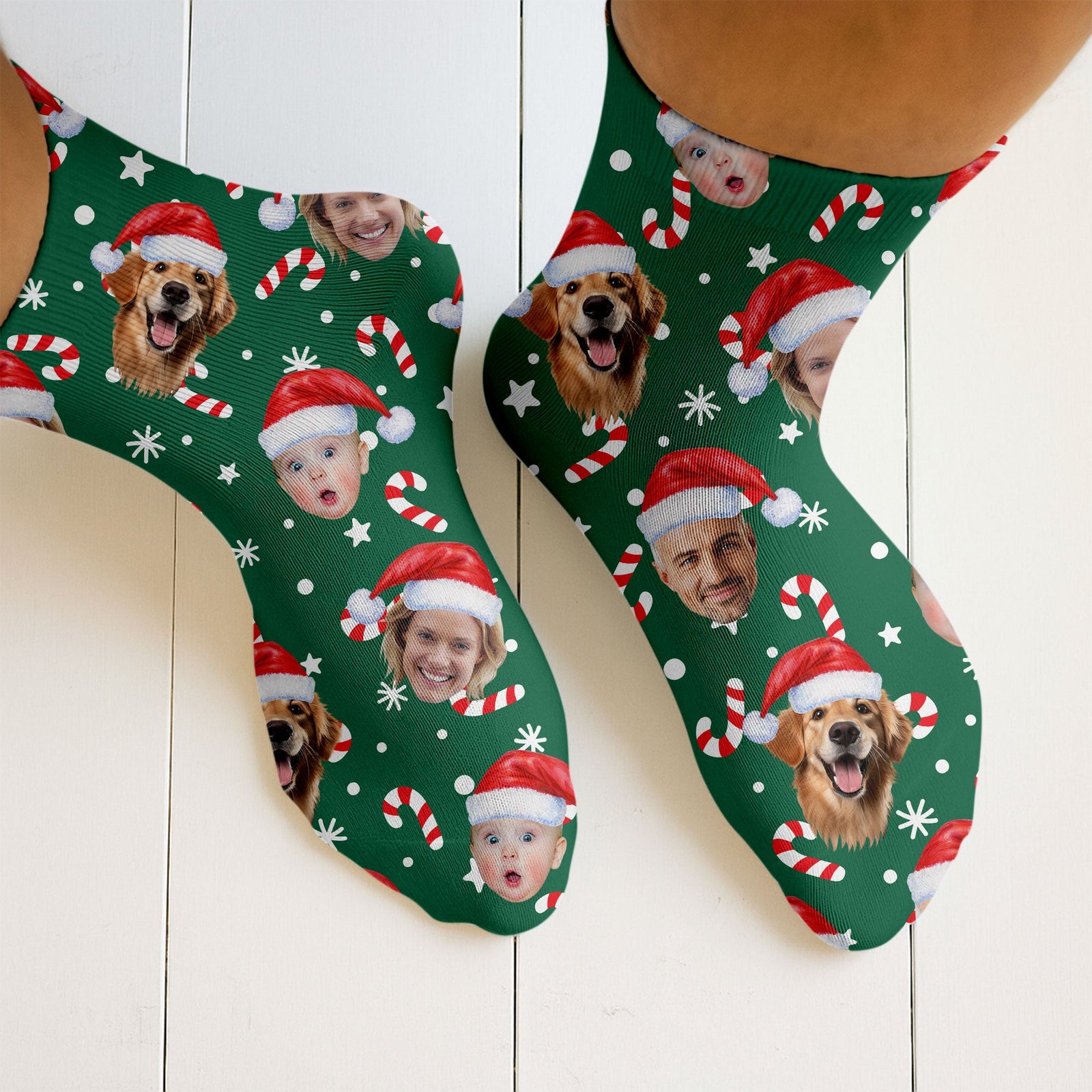 Blisscorners Custom Face Candy Cane Pattern Green Golf Socks, Christmas Golf Socks, Christmas Golf GiftLM2611