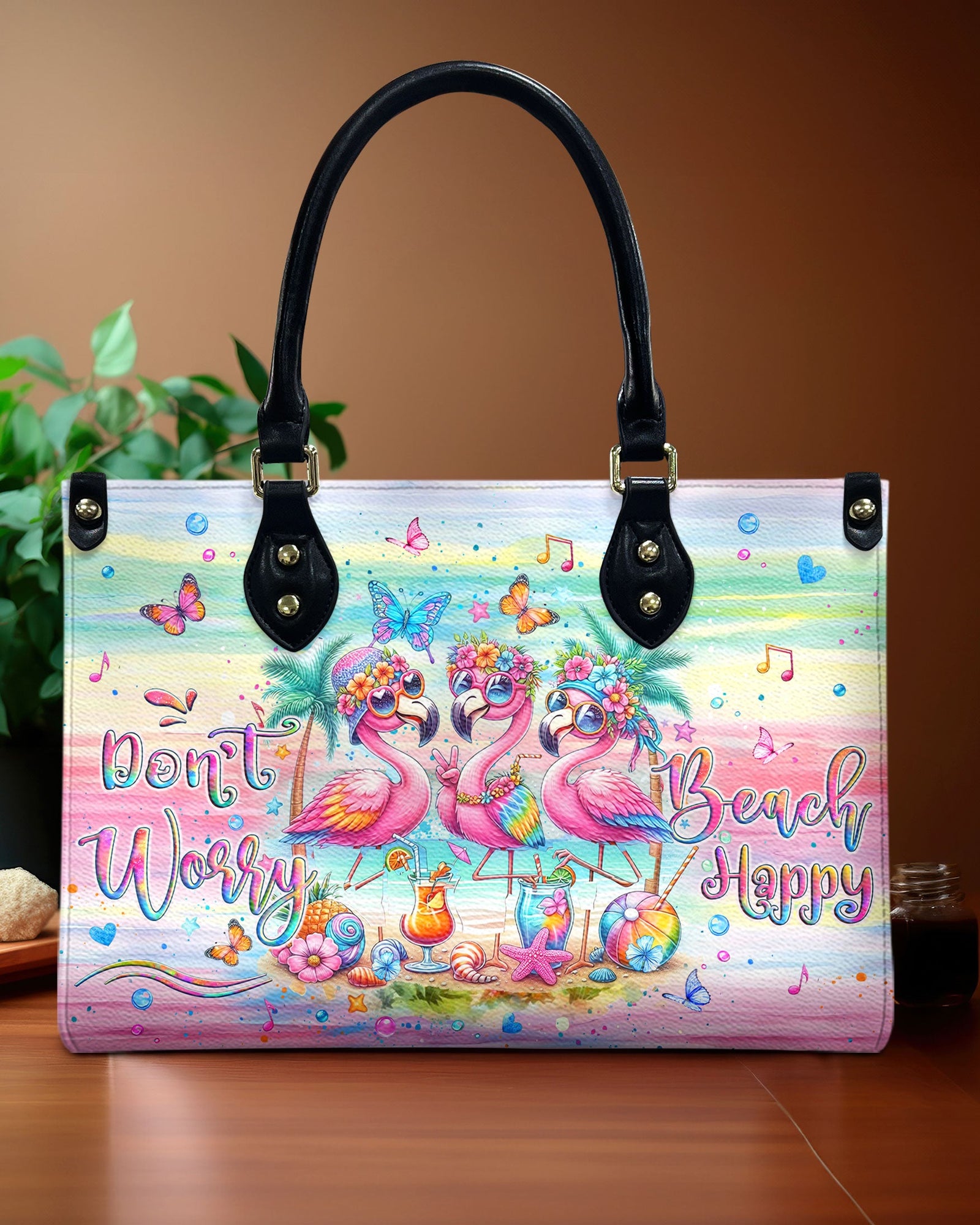 BLISSCORNERS DON'T WORRY BEACH HAPPY FLAMINGO LEATHER HANDBAG