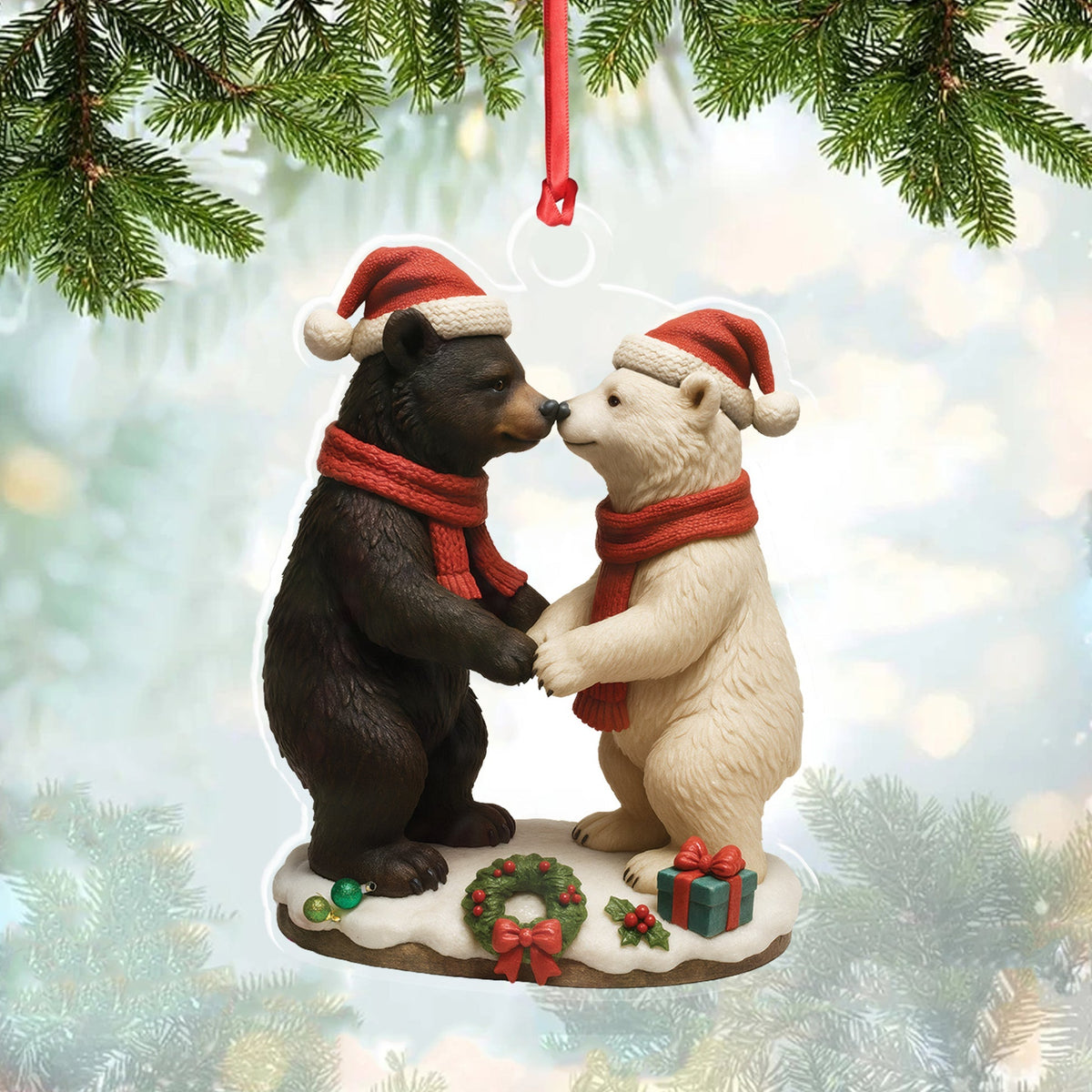 Blisscorners Christmas Bear Couple Figurine Acrylic Ornament - Cute Holiday Decor for Couples, Polar and Brown Bear Love Statue, Romantic Christmas Gift for Him or Her
