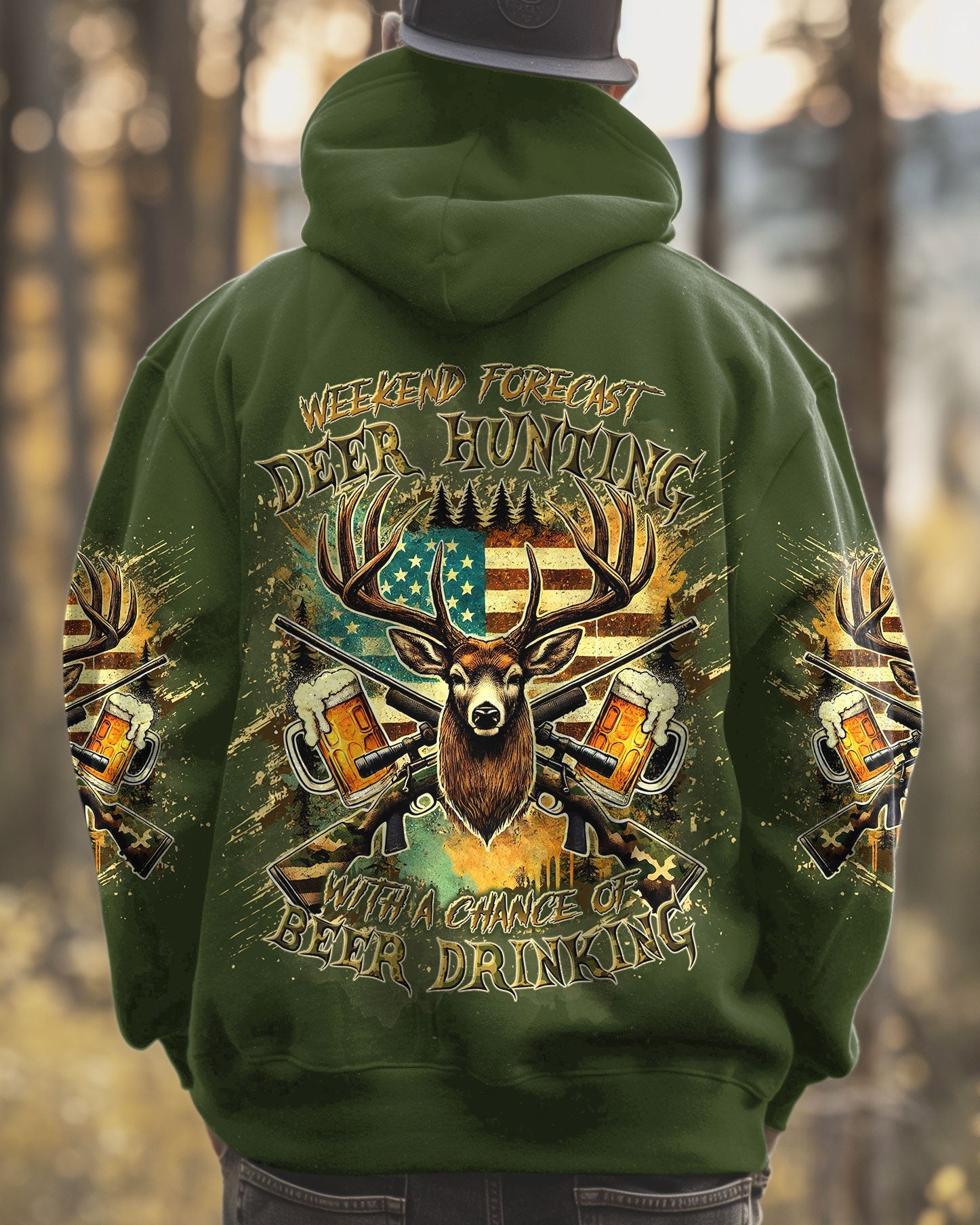 BLISSCORNERS WEEKEND FORECAST DEER HUNTING WITH A CHANCE OF BEER DRINKING ALL OVER PRINT