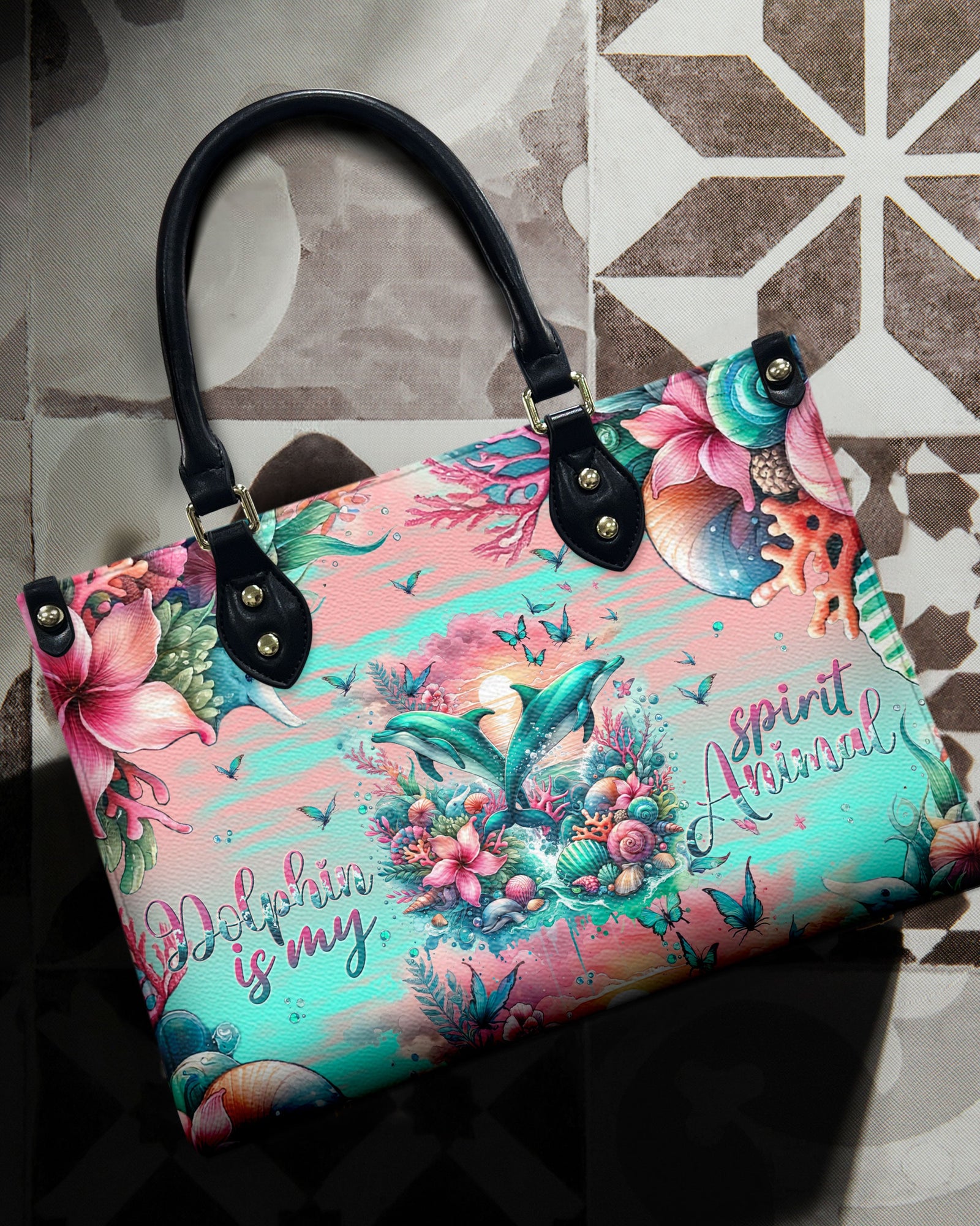 BLISSCORNERS DOLPHIN IS MY SPIRIT ANIMAL LEATHER HANDBAG