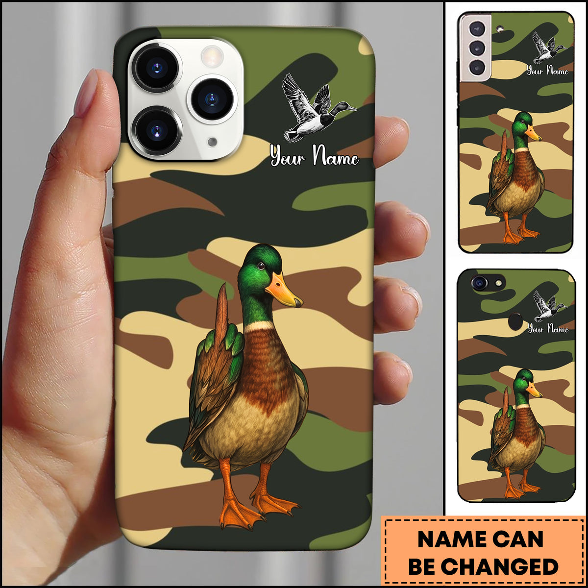Blisscorners Artist Hunting Mallard Duck Flying Camo Green Personalized Name Phone Case
