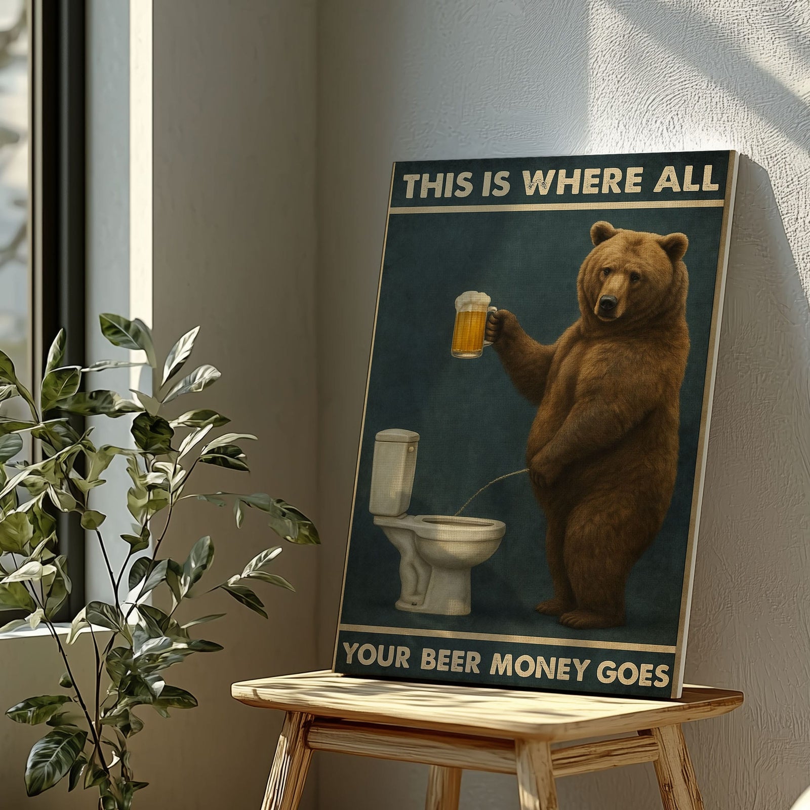 Blisscorners Funny Beer Bear Canvas – Hilarious Bathroom & Bar Wall Art LM2611