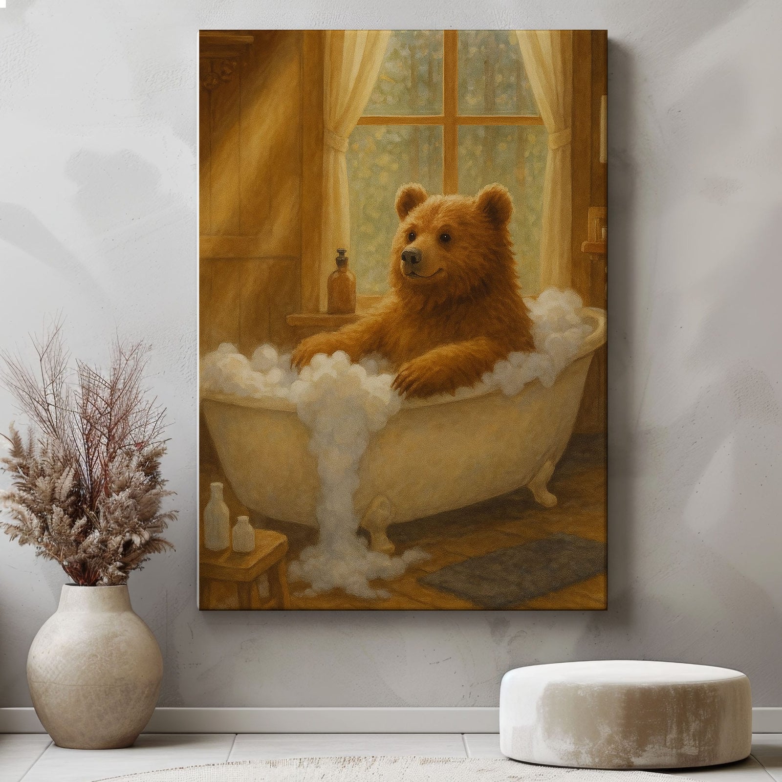 Blisscorners Cozy Bear Bath Canvas – Cute Animal Bathroom Wall Art LM2611
