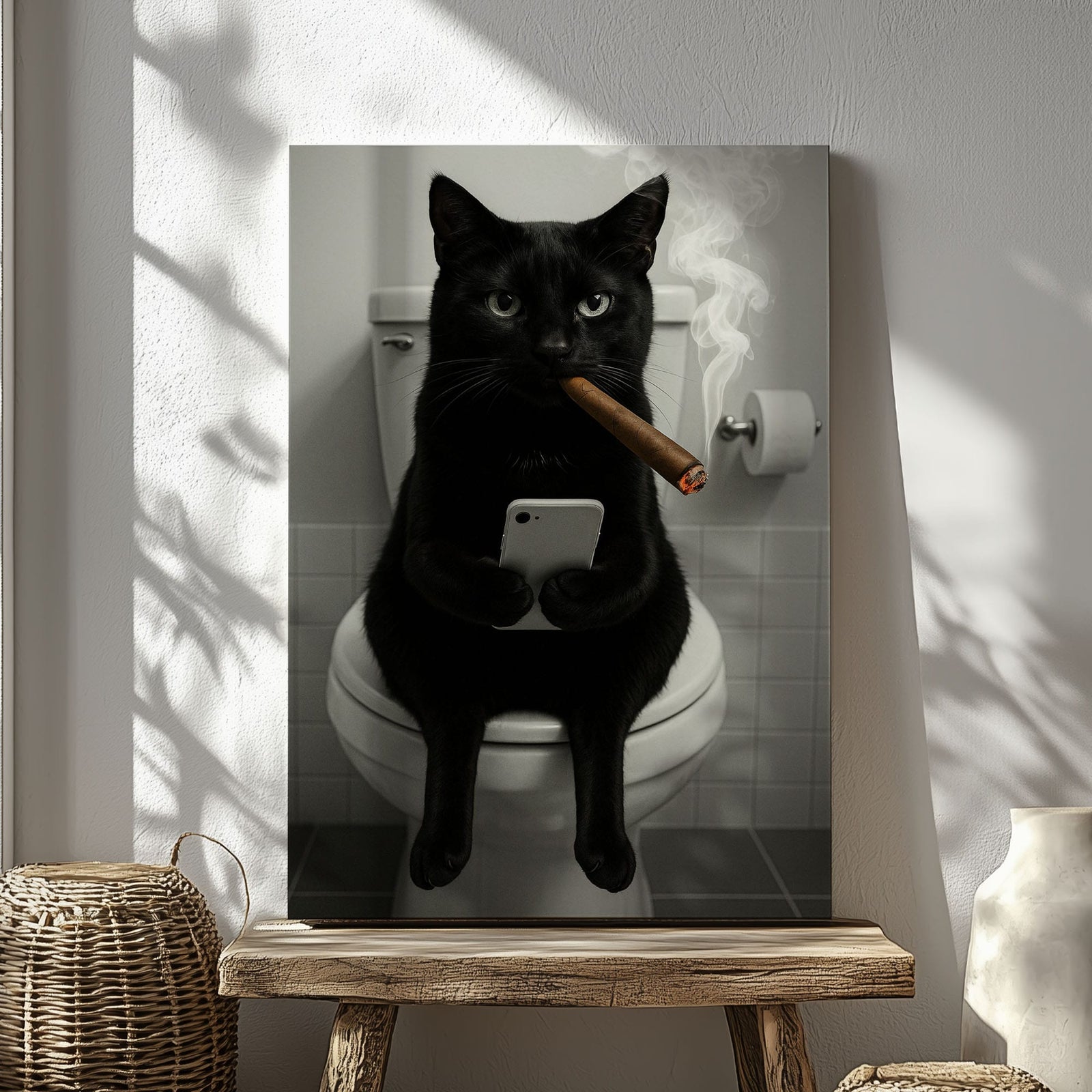 Blisscorners Funny Toilet Cigar Cat Canvas Bathroom Wall Art1 LM2611