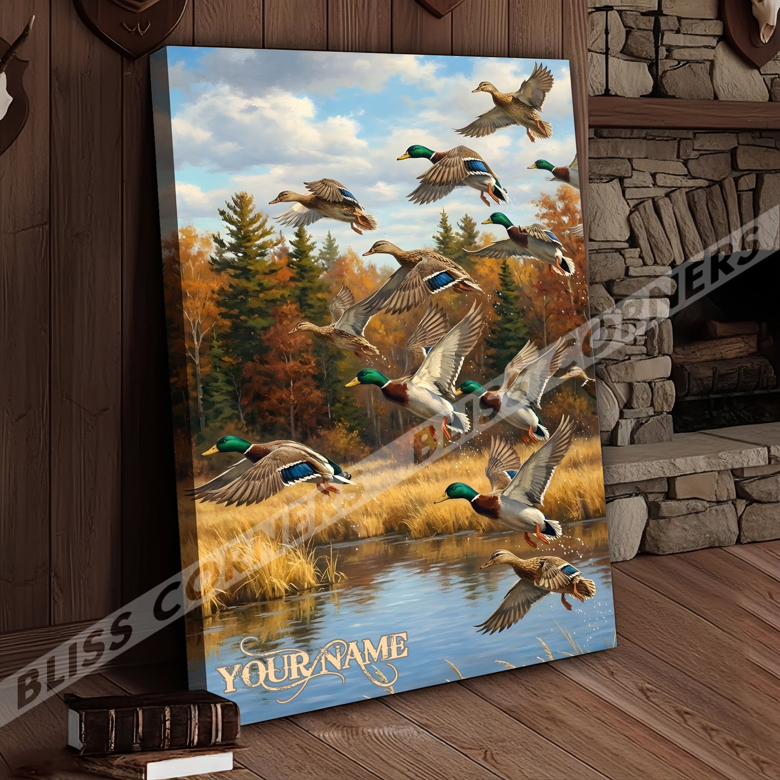 Blisscorners Flying Ducks Autumn Lake Personalized Name Canvas