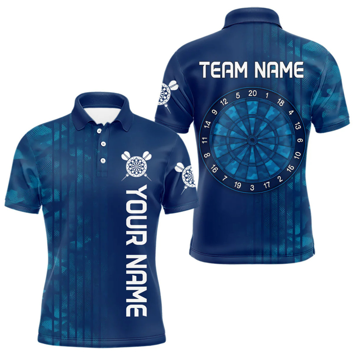 Blisscorners Men’s Darts Team Shirt - Navy Camo Pattern And Dartboard | Custom Name Option LM2404