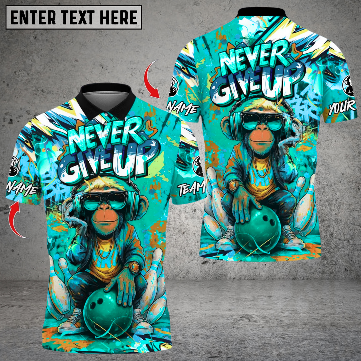 BlisscornersNever Give Up Funky Monkey Graffiti Bowling Multicolor Customized Name, Team Name 3D Shirts
