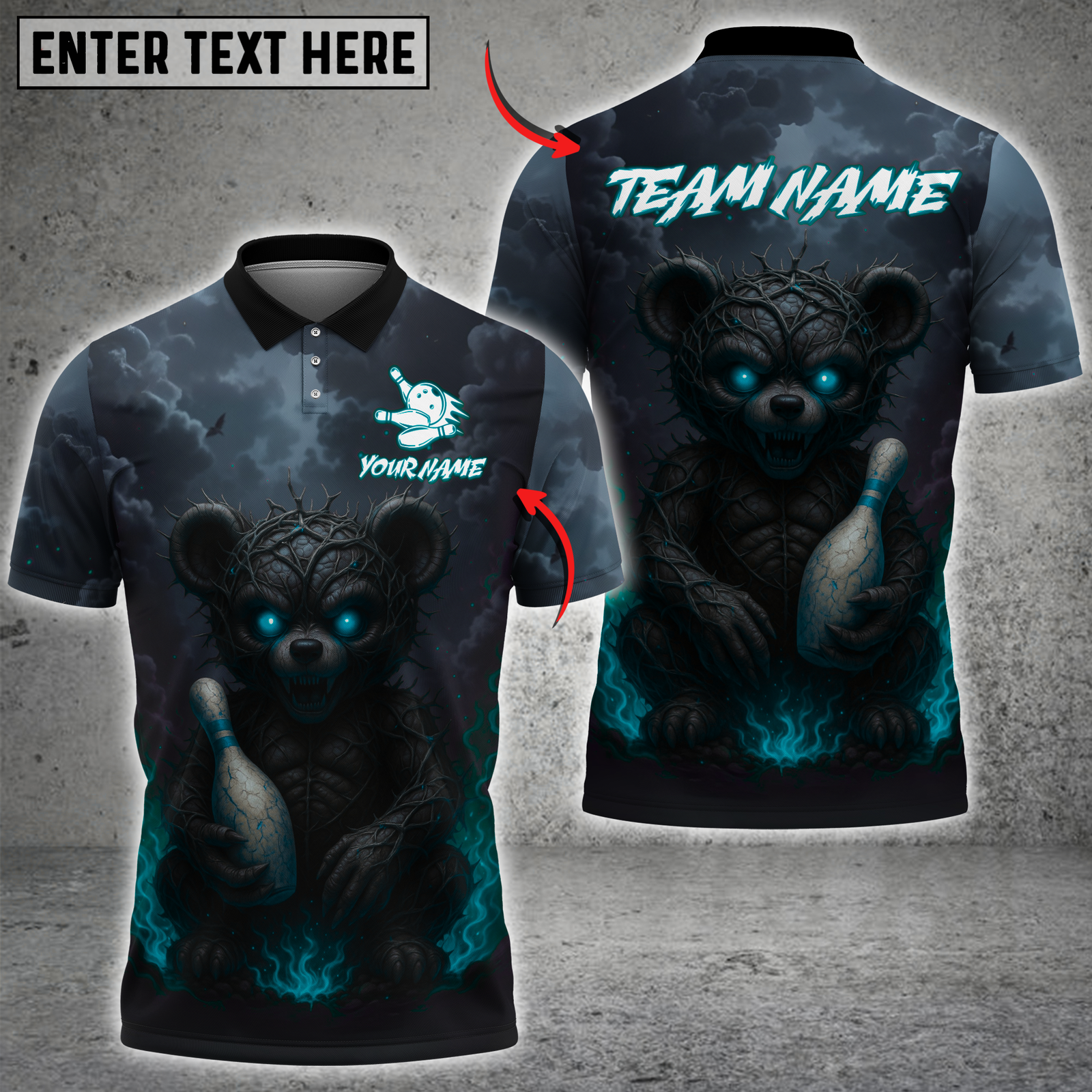 Blisscorners Bowling Evil Teddy Bear with Bowling Pin Multicolor Customized Name, Team Name 3D Shirts