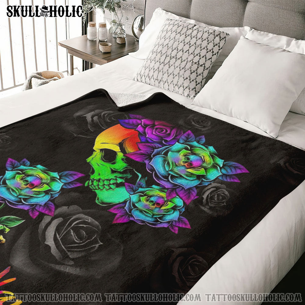 BLISSCORNERS PERSONALIZED COLORFUL SKULL ROSE WOVEN & FLEECE BLANKET