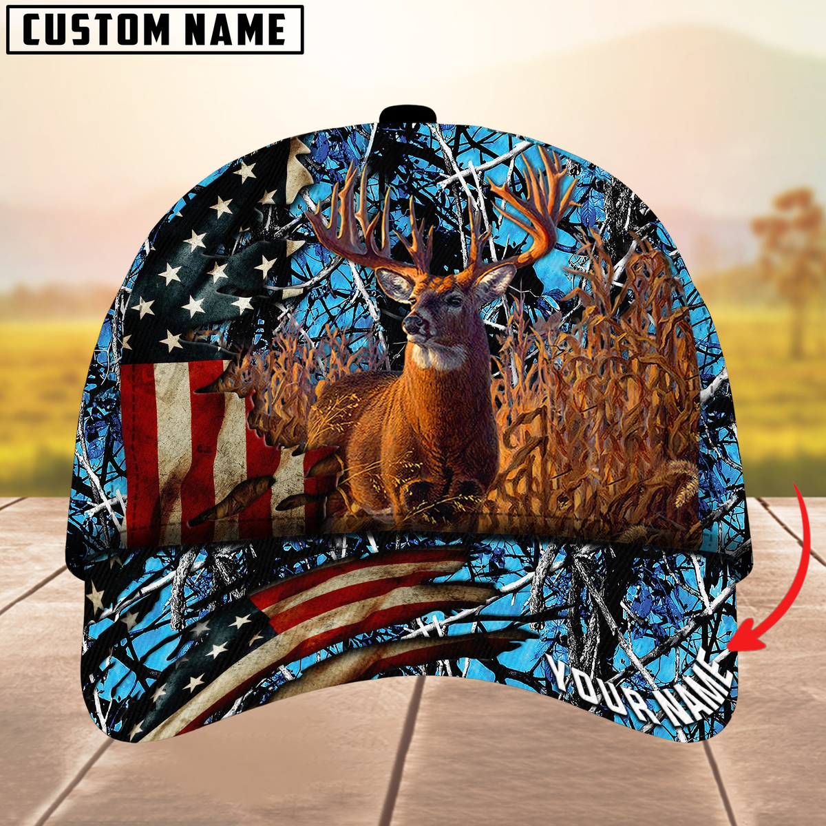 Blisscorners Deer Hunting American Flag Camouflage Pattern Multicolor Personalized Name 3D Cap