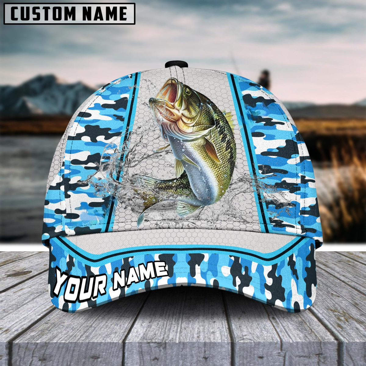 Blisscorners Bass Fishing Light Blue Camo Customized Name 3D Cap
