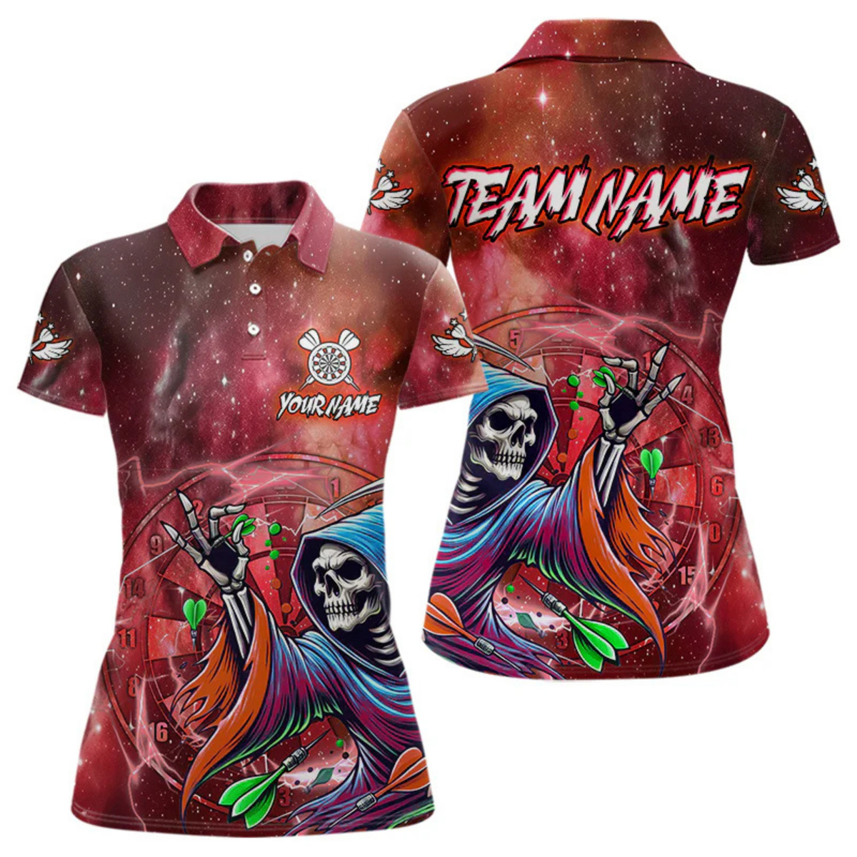 Blisscorners Death Skeleton Red Galaxy Funny Dart Shirts For Men Custom Darts Jerseys Outfit, Darts Gifts LM154