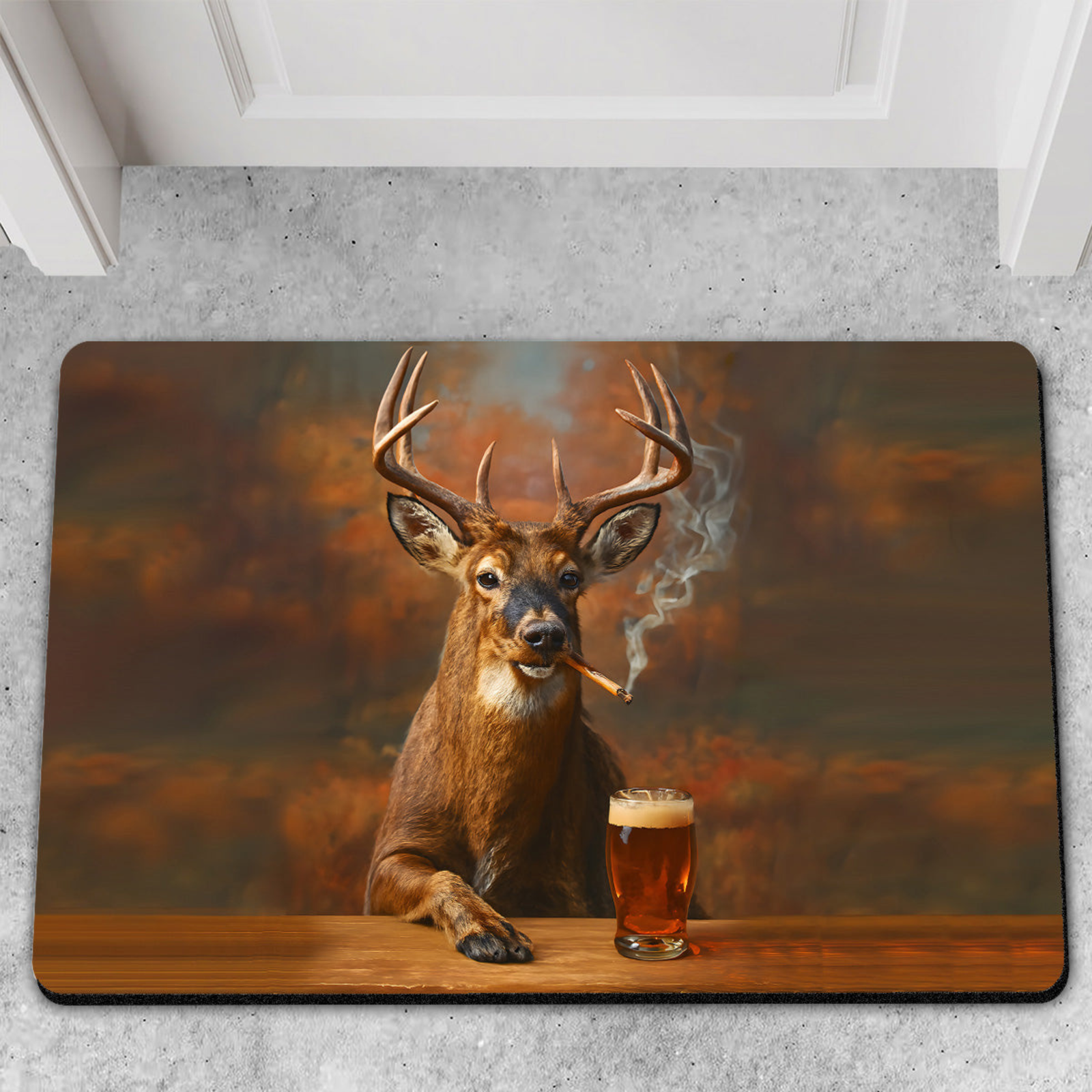 Blisscorners Deer Smoking & Bar Glassware Doormat – Funny Hunting Cabin Rug, Man Cave & Outdoor Decor Gift LM1611