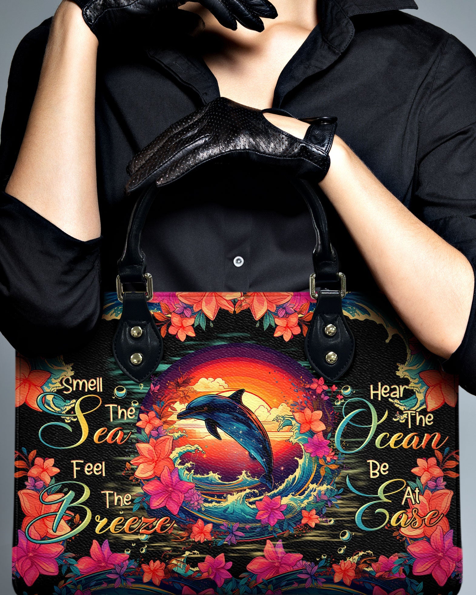 BLISSCORNERS SMELL THE SEA FEEL THE BREEZE DOLPHIN LEATHER HANDBAG