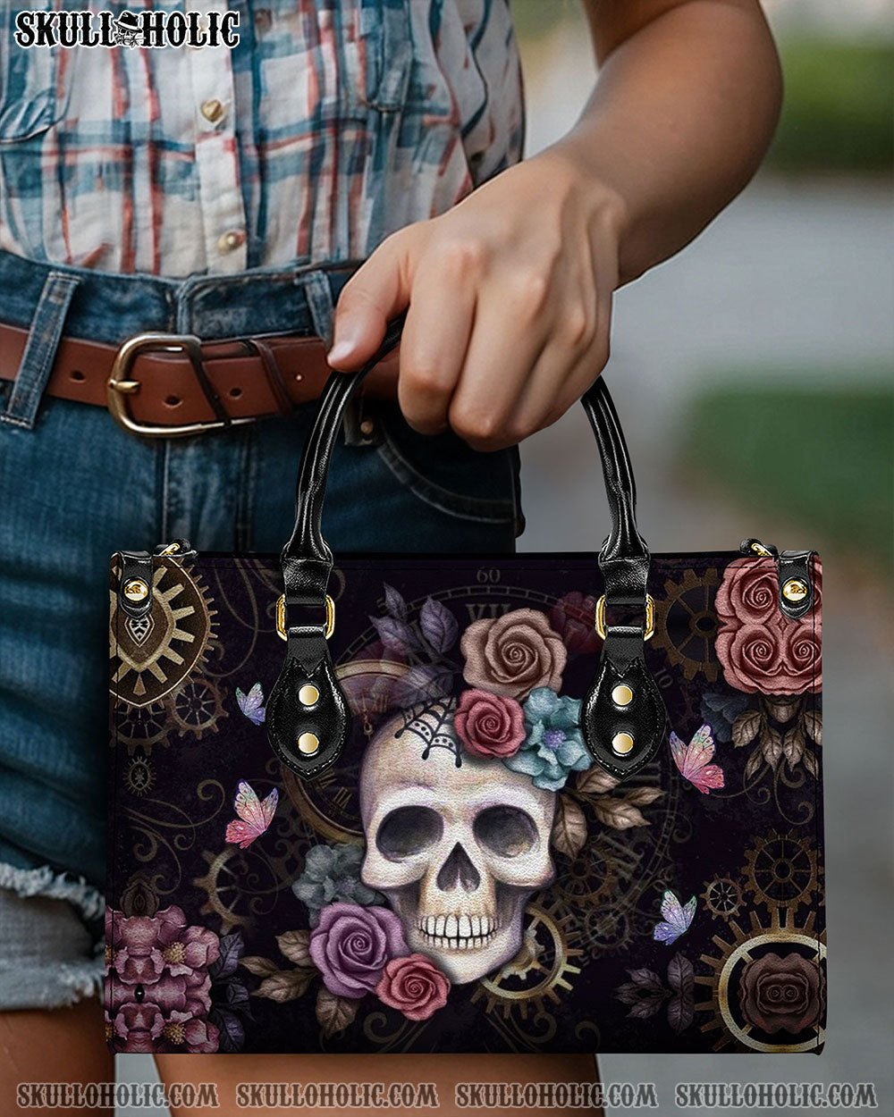 BLISSCORNERS SKULL FLOWER LEATHER HANDBAG