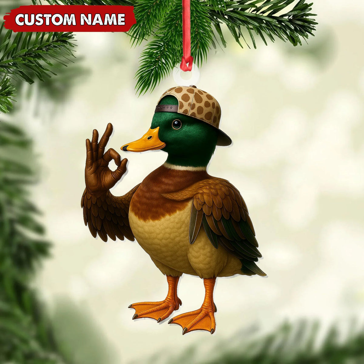 Blisscorners Personalized Cool Duck Christmas Ornament, Custom Name Mallard Wearing Hat, Funny Hipster Duck Tree Decoration