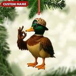 Blisscorners Personalized Cool Duck Christmas Ornament, Custom Name Mallard Wearing Hat, Funny Hipster Duck Tree Decoration
