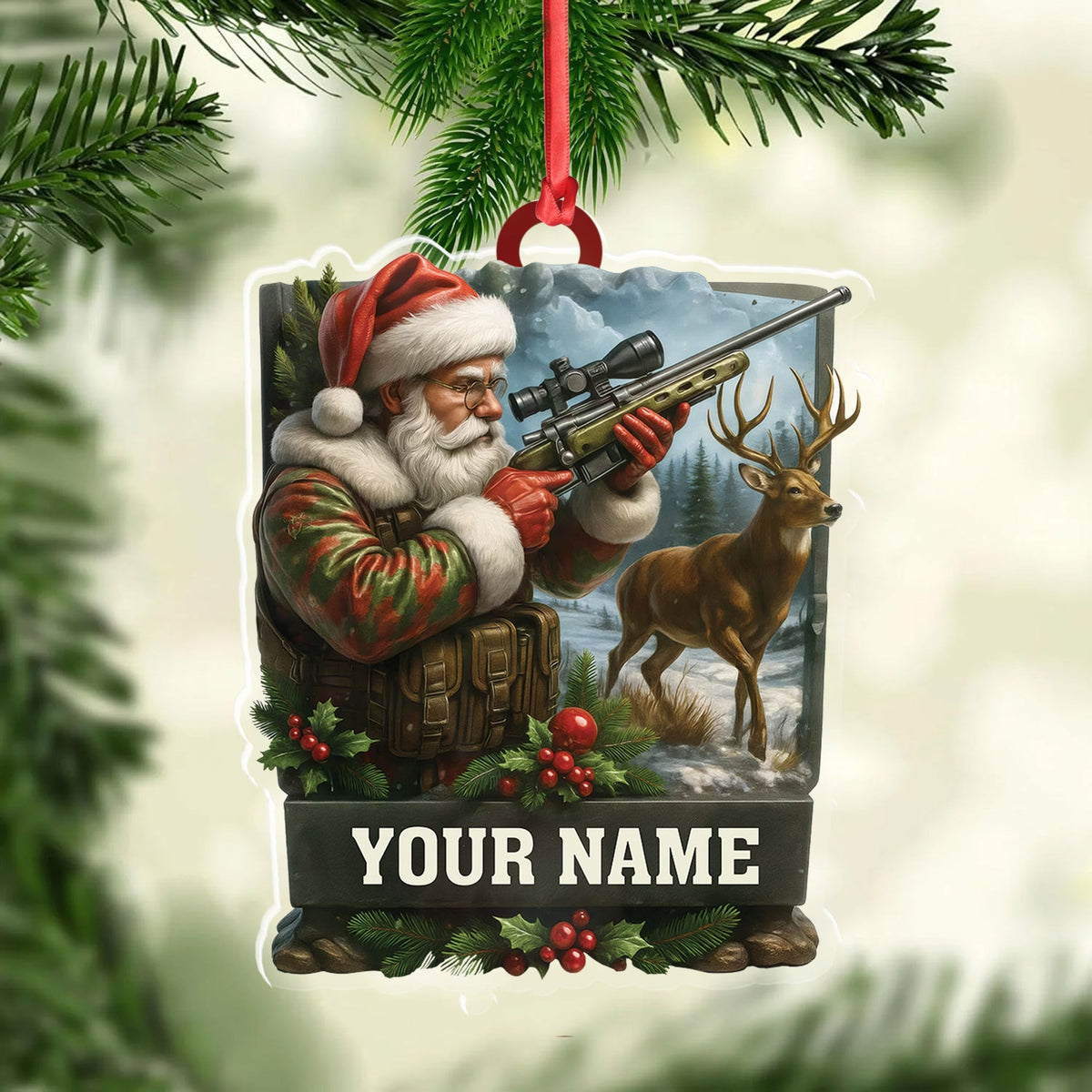 Blisscorners Custom Name Santa Hunter Ornament, Deer Hunting Christmas Tree Decor, Personalized Camo Gift