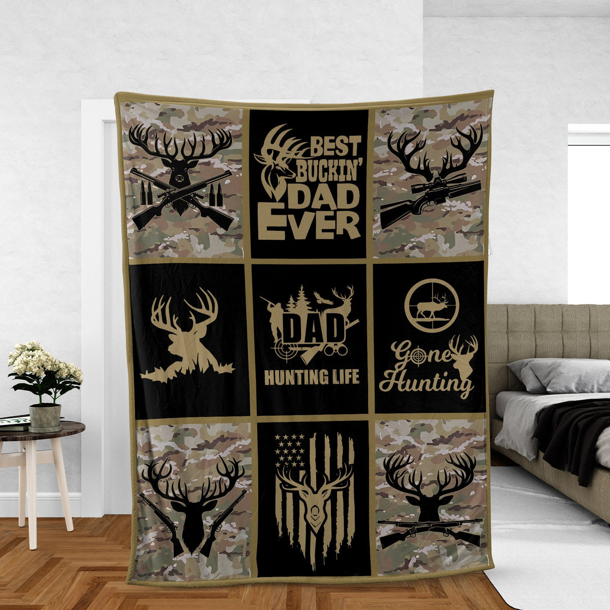 Blisscorners Hunting Life Best Buckin’ Dad Ever Fleece Blanket - Camouflage Deer & Rifle Design - Gift for Hunters LM1611