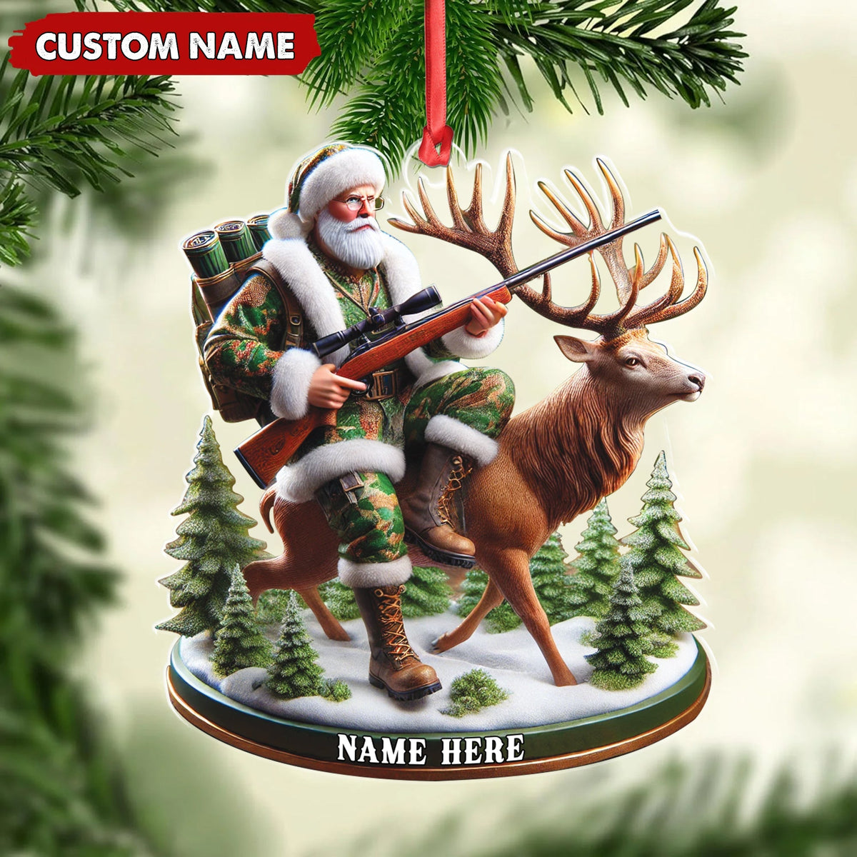 Blisscorners Personalized Acrylic Hunter Santa Riding Deer Christmas Ornament - Custom Hunting Gift Decoration LM0110