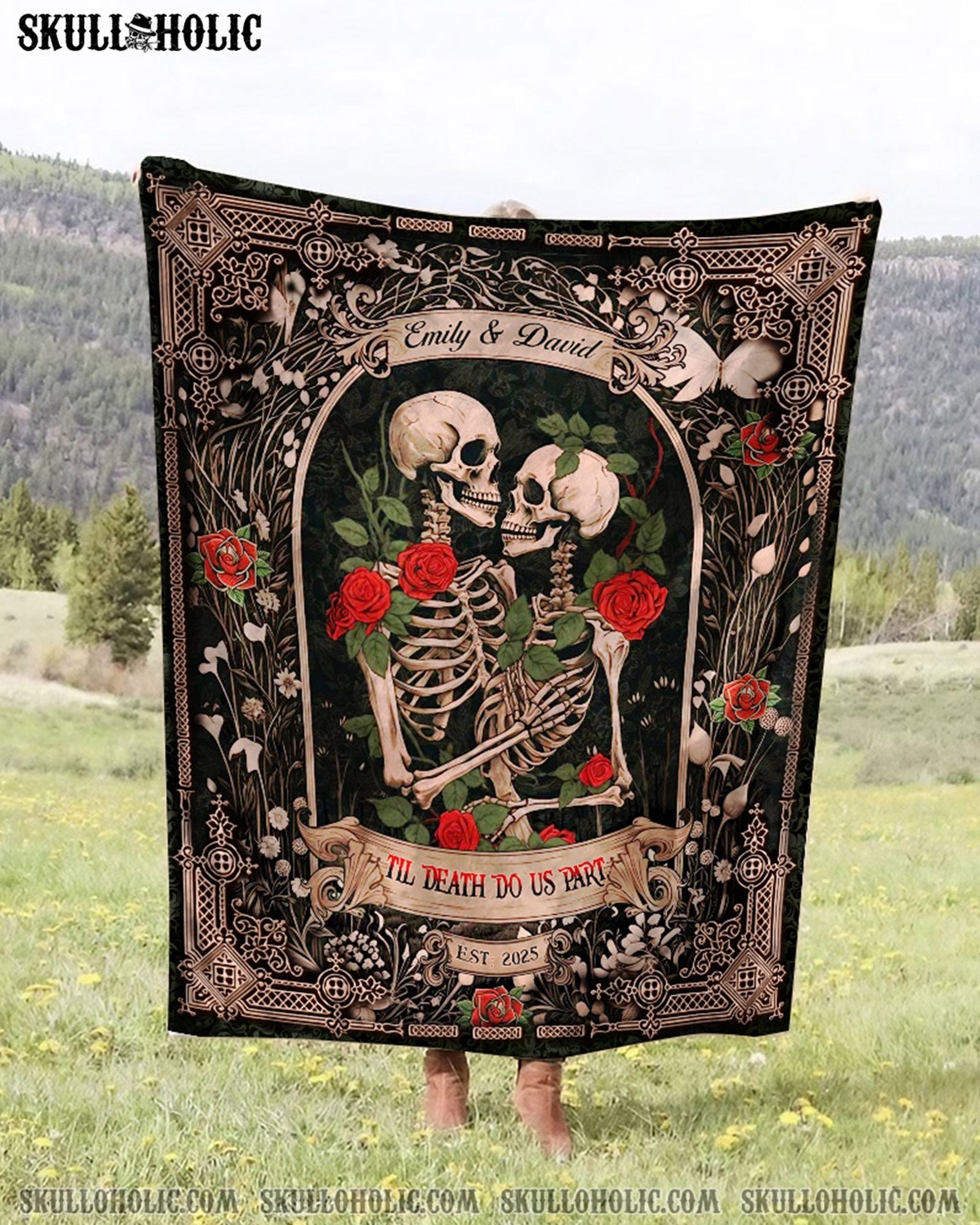 BLISSCORNERS PERSONALIZED DARK ROMANTIC SKELETON COUPLE FLEECE BLANKET