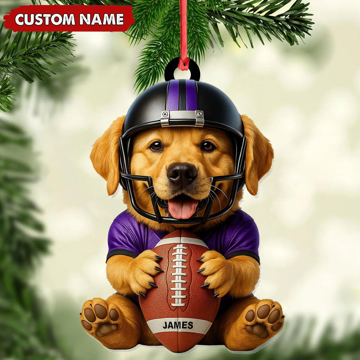 Blisscorners Personalized Football Puppy Christmas Ornament And Keychain, Custom Name Dog in Helmet Holding Ball, Cute Pet Lover Tree Decoration