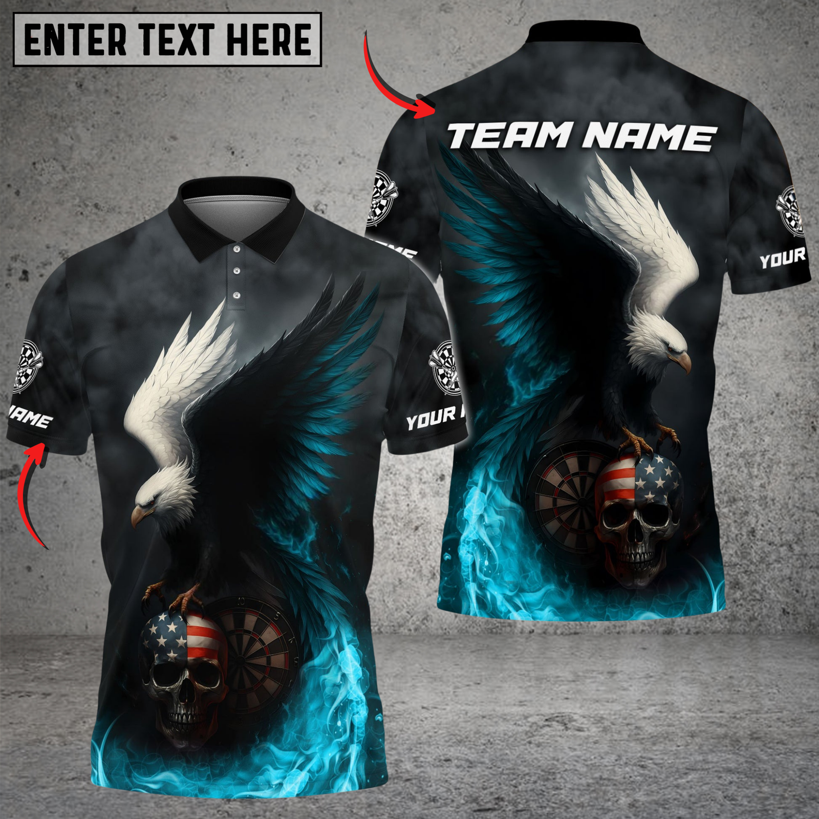 Blisscorners Darts Fire Eagle American Flag Skull Customized Name, Team Name 3D Shirt (4 Colors)