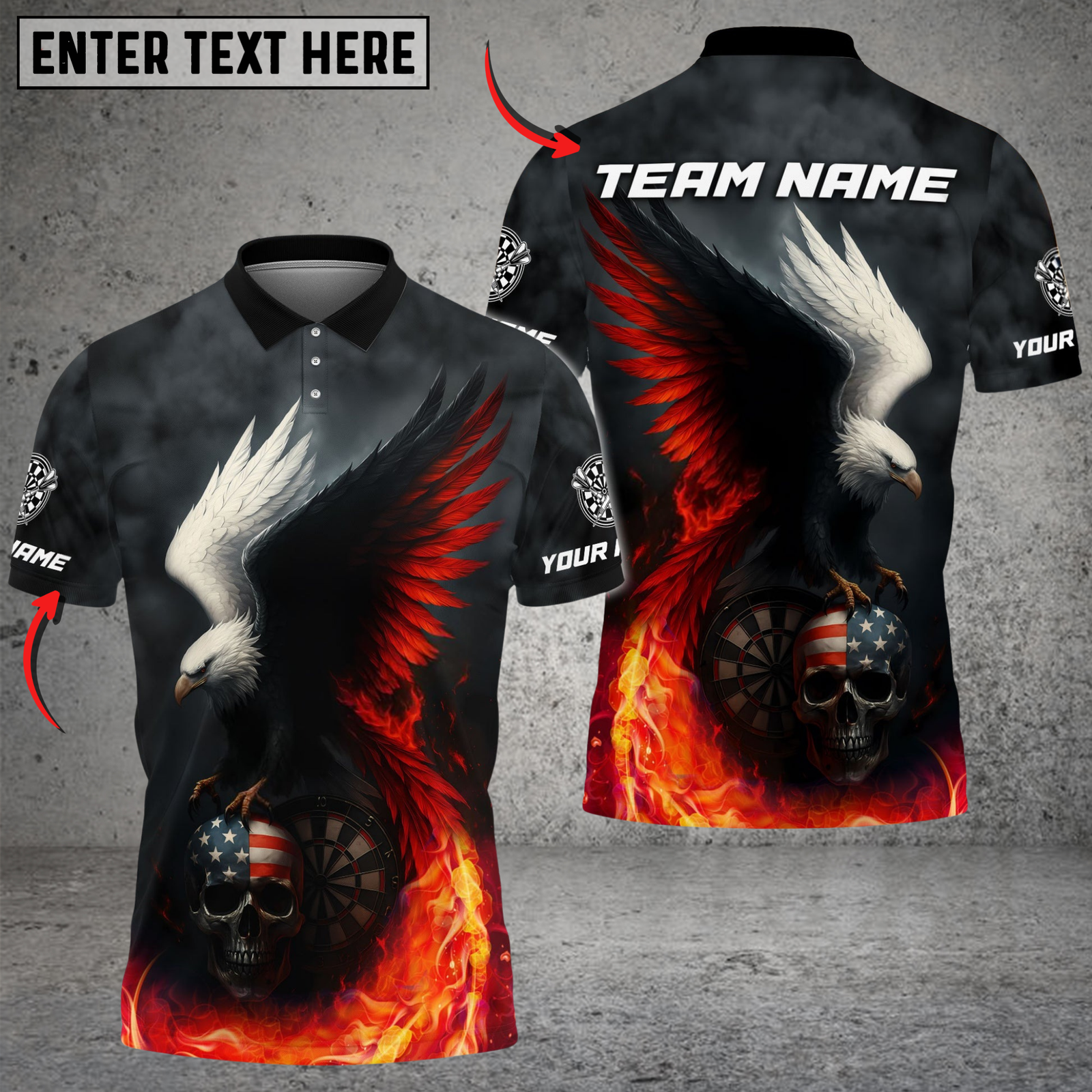 Blisscorners Darts Fire Eagle American Flag Skull Customized Name, Team Name 3D Shirt (4 Colors)
