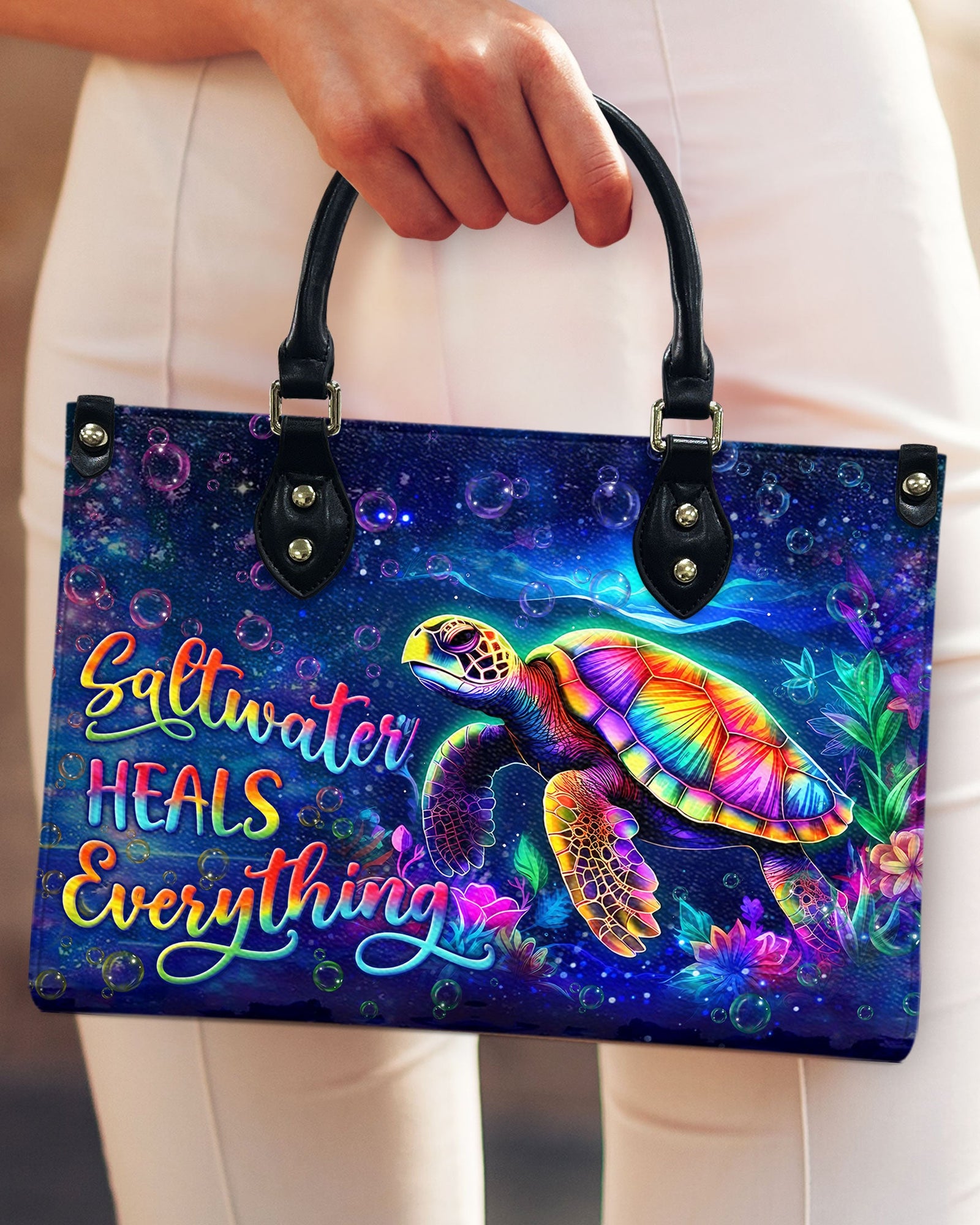 BLISSCORNERS SALTWATER HEALS EVERYTHING TURTLE LEATHER HANDBAG